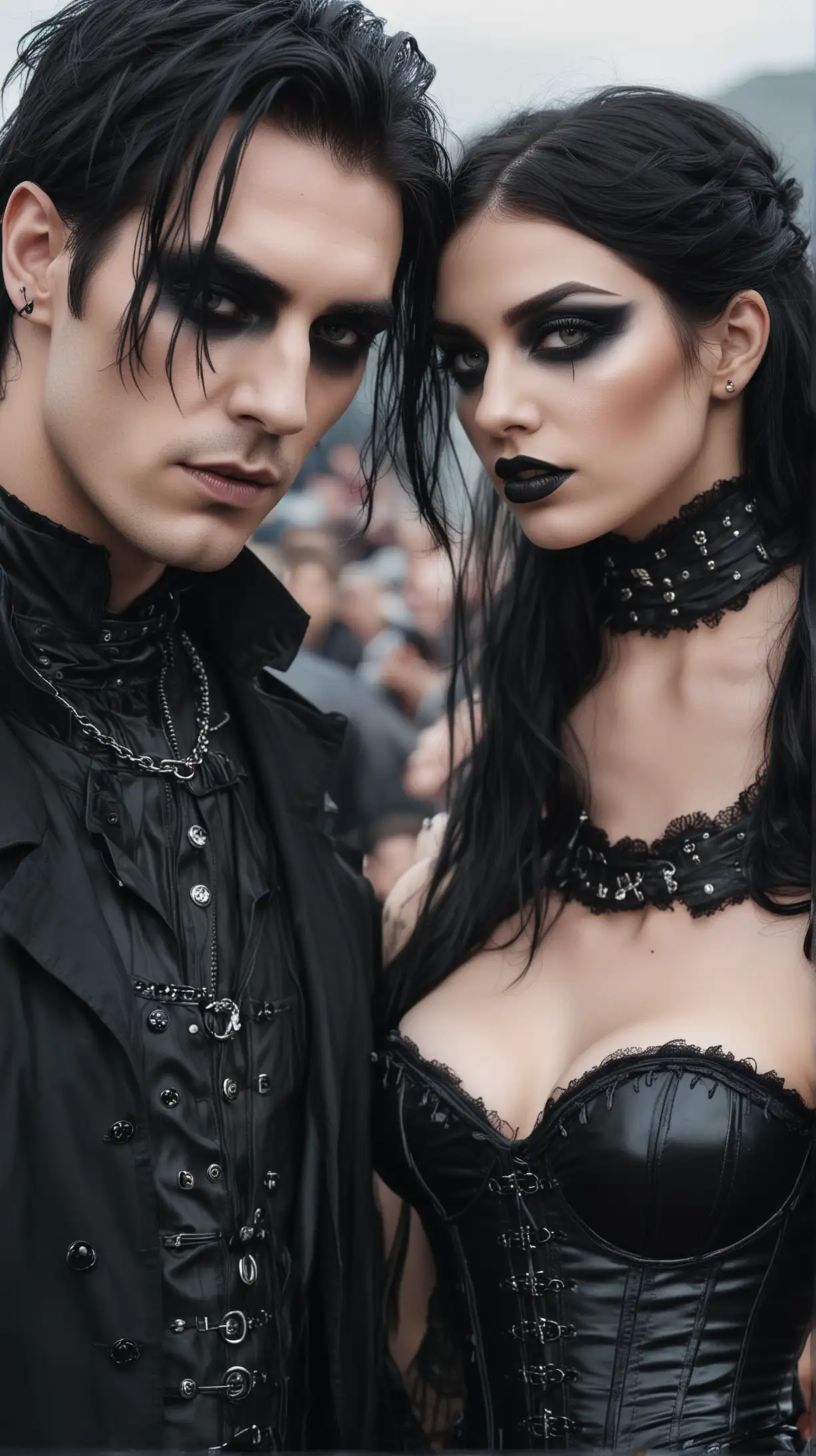 /imagine prompt:gothic man and woman, smokey eye make up, long black nails,  latex corset, they are at a rock festival, vampire ispired look.