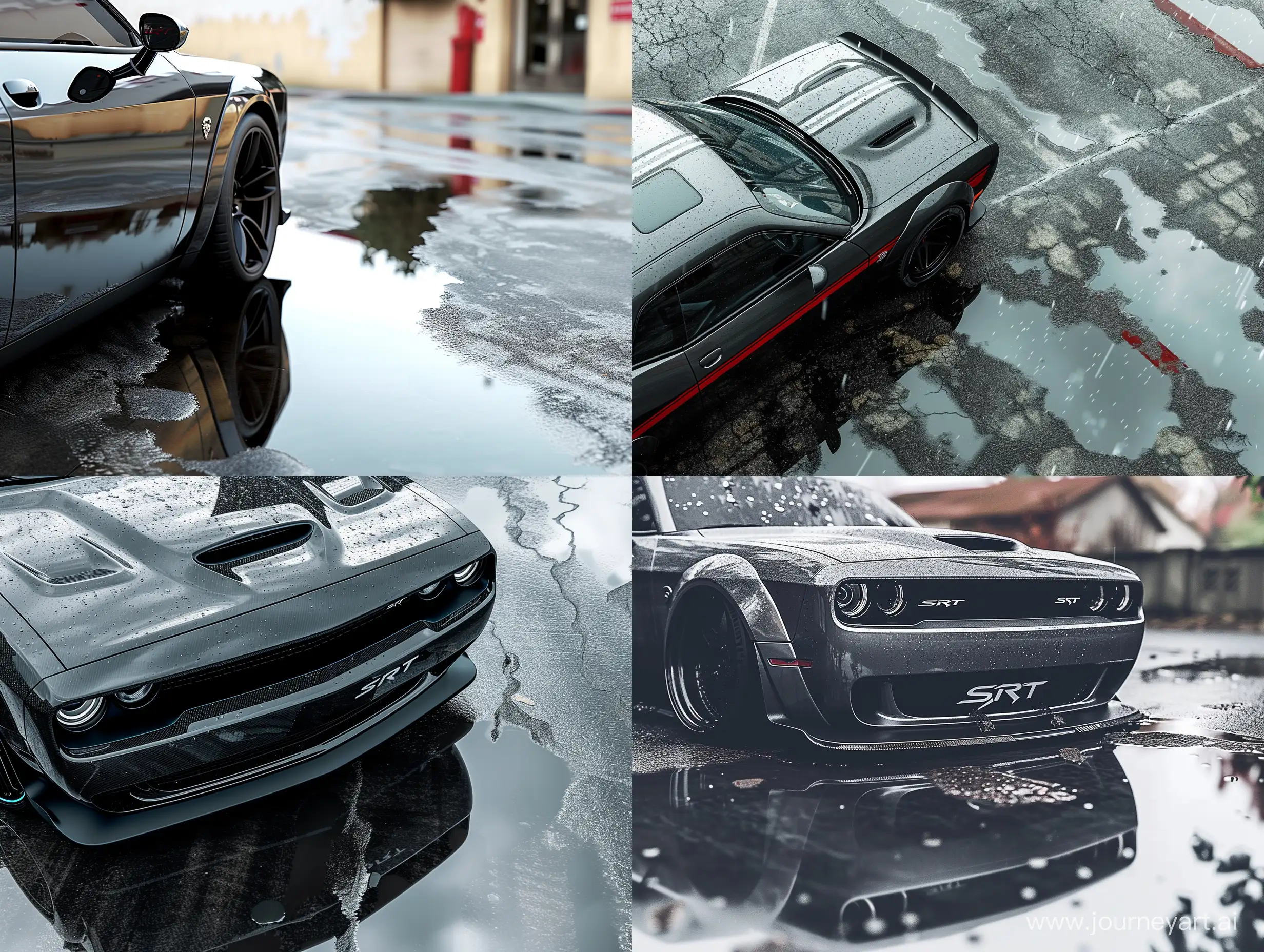 Dodge Challenger SRT carbon trim, wet asphalt, puddle, carbon black dodge challenger body kit  illustration gta v style
