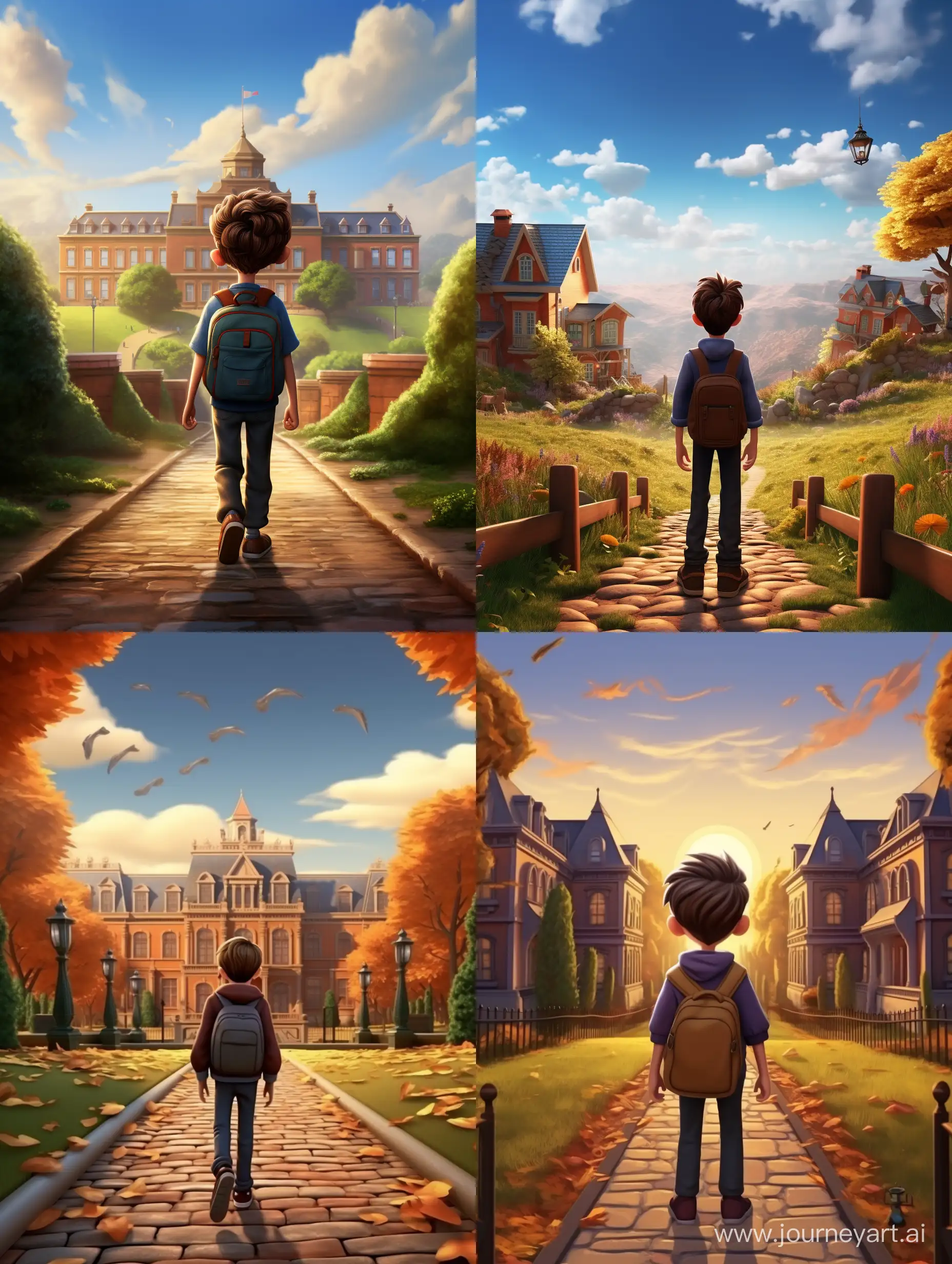 The boy is walking along the path. There is a school in the background Pixar Style, 3d animation Style