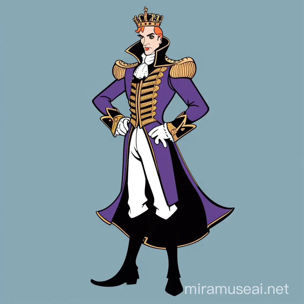 Prince John from disney, prince john villain, King of England disney, full body, minimalist, vector art, colored illustration with a black outline.