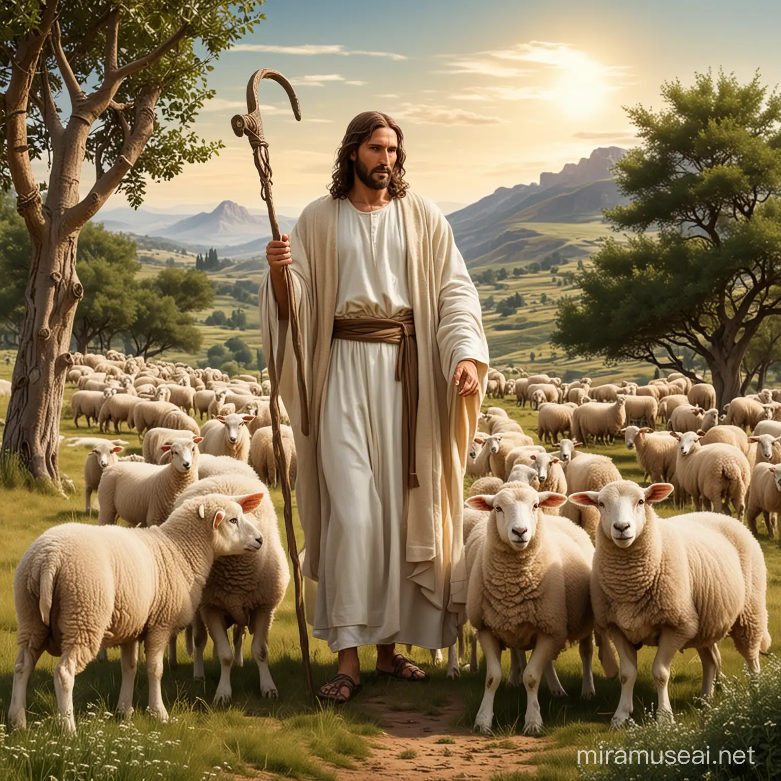 vector jesus-christ standing with a shepherd's crook with 3 sheep around him in the bush