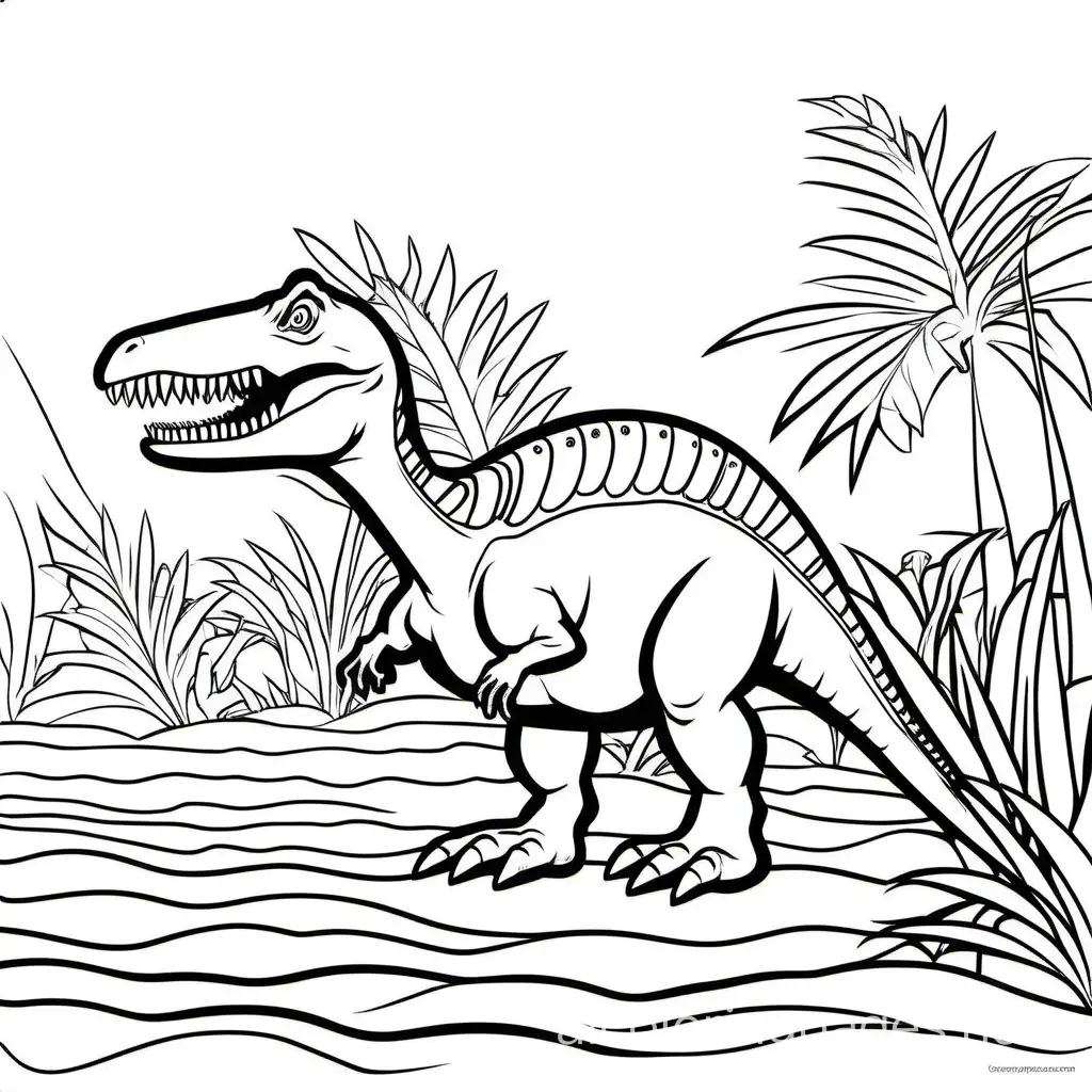 Design a coloring page of a   Spinosaurus, Coloring Page, black and white, line art, white background, Simplicity, Ample White Space. The background of the coloring page is plain white to make it easy for young children to color within the lines. The outlines of all the subjects are easy to distinguish, making it simple for kids to color without too much difficulty, Coloring Page, black and white, line art, white background, Simplicity, Ample White Space. The background of the coloring page is plain white to make it easy for young children to color within the lines. The outlines of all the subjects are easy to distinguish, making it simple for kids to color without too much difficulty