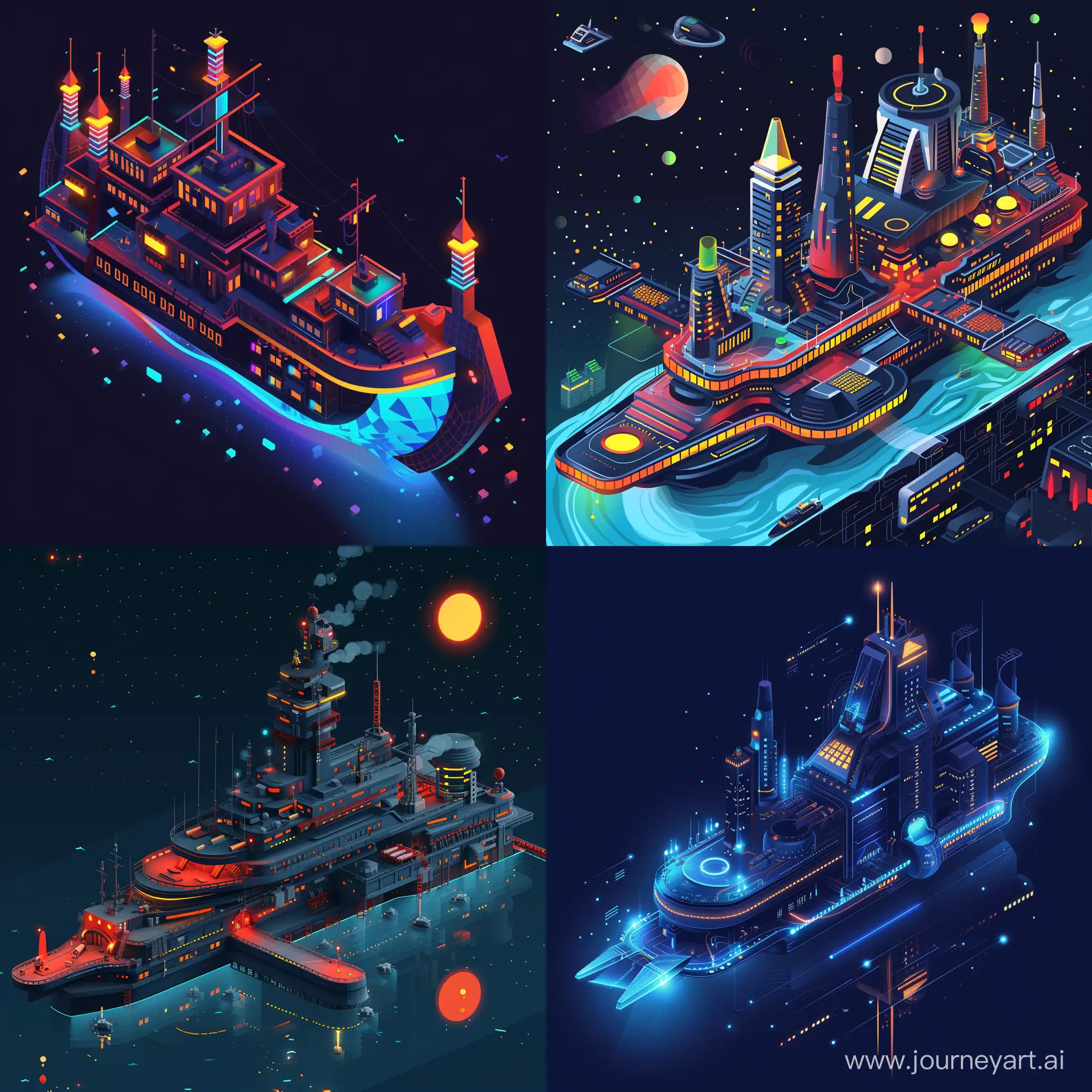 night city on a ship in isometry in vector style, high quality details