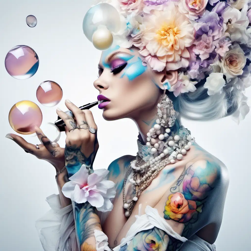 abstract exotic white high fashion model with pastel flowers that bleed that are delicately arranged into her hair, putting  putting lipstick on perfect hands no distortions
put tattoos tattoos tattoos on arms put Crystals orbs orbs orbs big bracelets copy