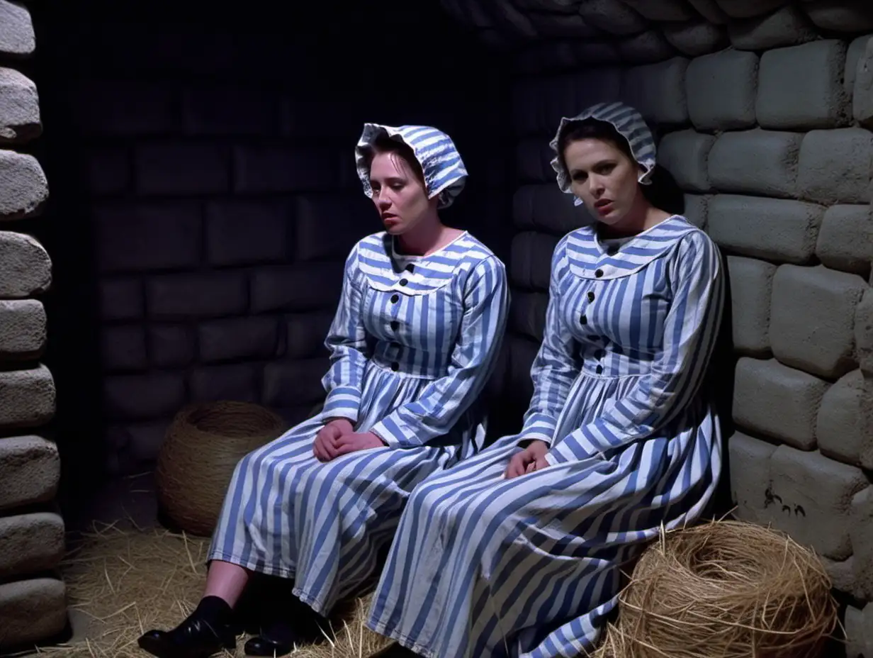 two busty prisoner woman (35 years old, same dress) sit on hay on the ground (far from each other) in a dungeoncell (Stone walls) in dirty ragged blue-white vertical striped longsleeve midi-length buttoned gowndress (small short bonnet, collarless, roundneck), head down