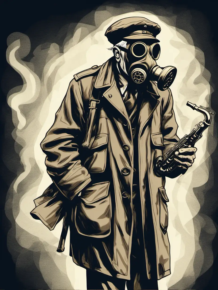 Old man with gas mask wearing overcoat and military flat cap playing jazz sketch