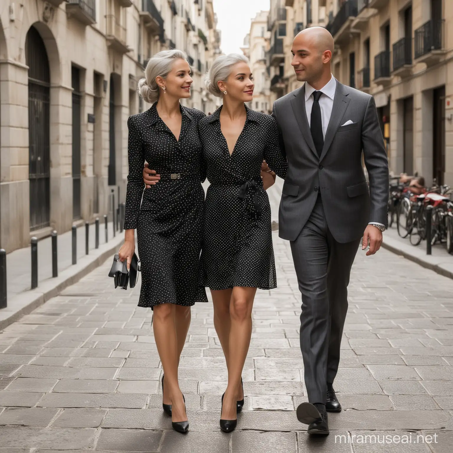 Dibuja de cuerpo entero a la siguiente pareja de viaje por por Madrid. Ella es una hermosvestido Polka Dots negro. Él hombre es un joven calvo rapado de 28 años vistiendo un ta glamurosa esbelta mujer de 60 años muy bien conservada con canas platinadas usando un raje ejecutivo,