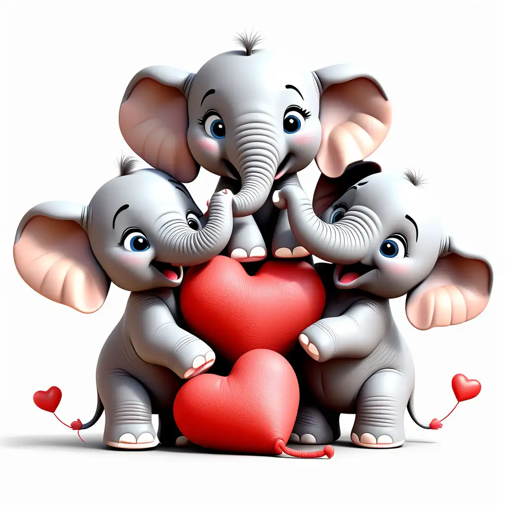 Create an adorable 3D Pixar-style clipart featuring a group of baby elephants playing a game of tug-of-love with a heart-shaped plush toy. Each elephant should exude playfulness and enthusiasm, making the scene irresistibly cute. Place this delightful playtime against a plain white background.