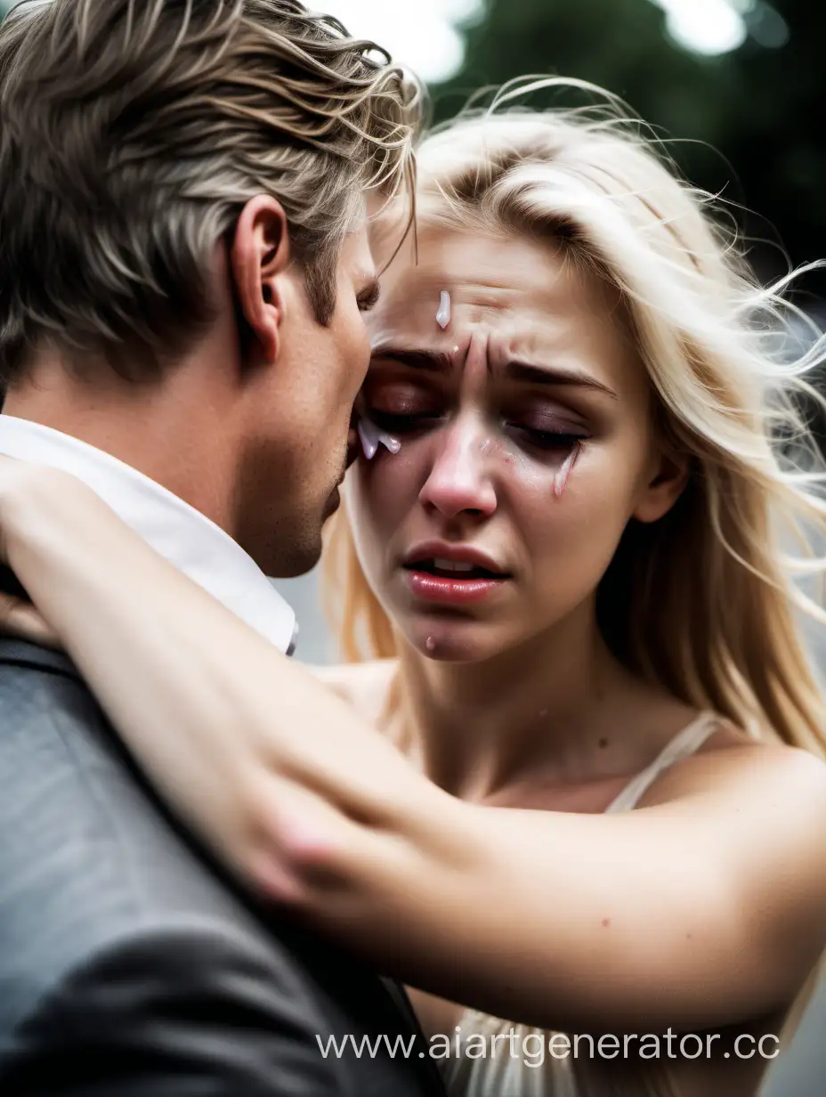 high quality digital photo graph, a beautiful  blonde girl, eyes crying, pushing away a handsome white man at arms length, wide
