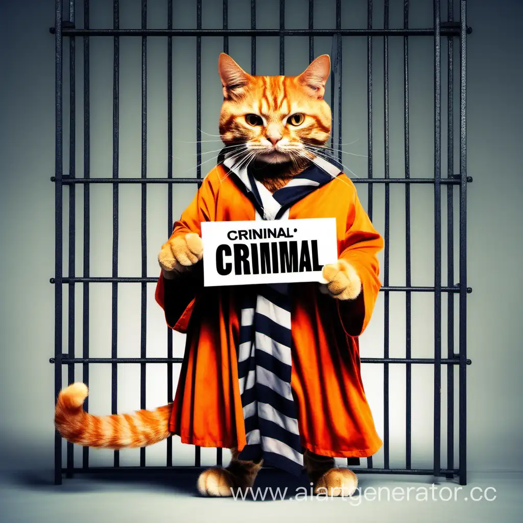 Рыжий кот с уголовной табличкой и тюремной робе