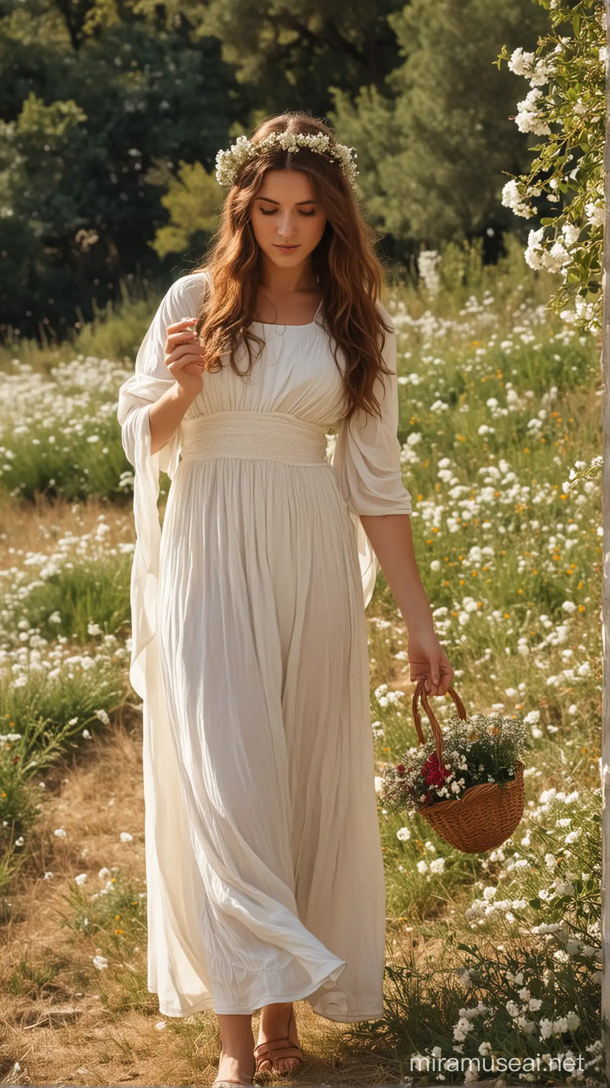 Persefone, cabello castaño, recogiendo flores, vestimenta griega
