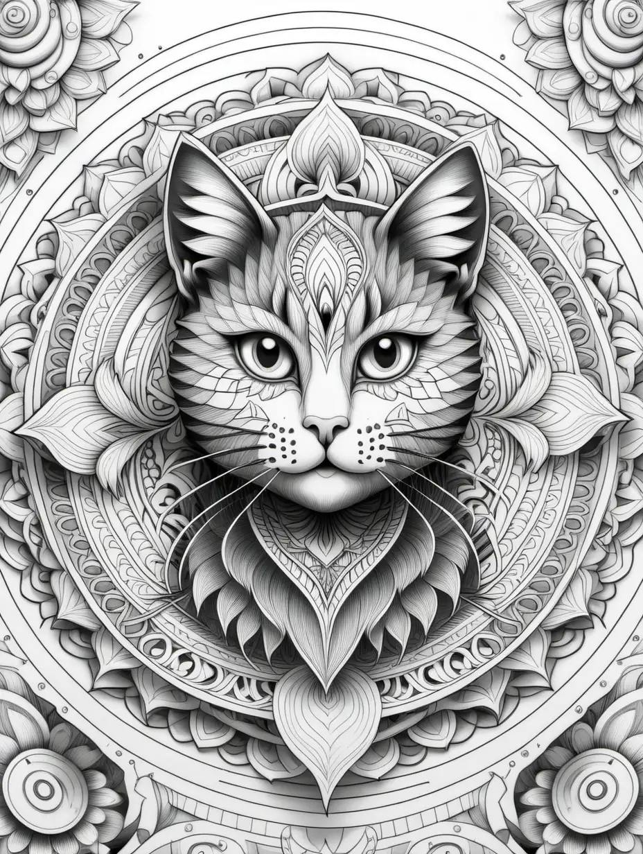 adult coloring book, black and white, best linework, high details, no color. 3D symmetrical mandala with cat. 