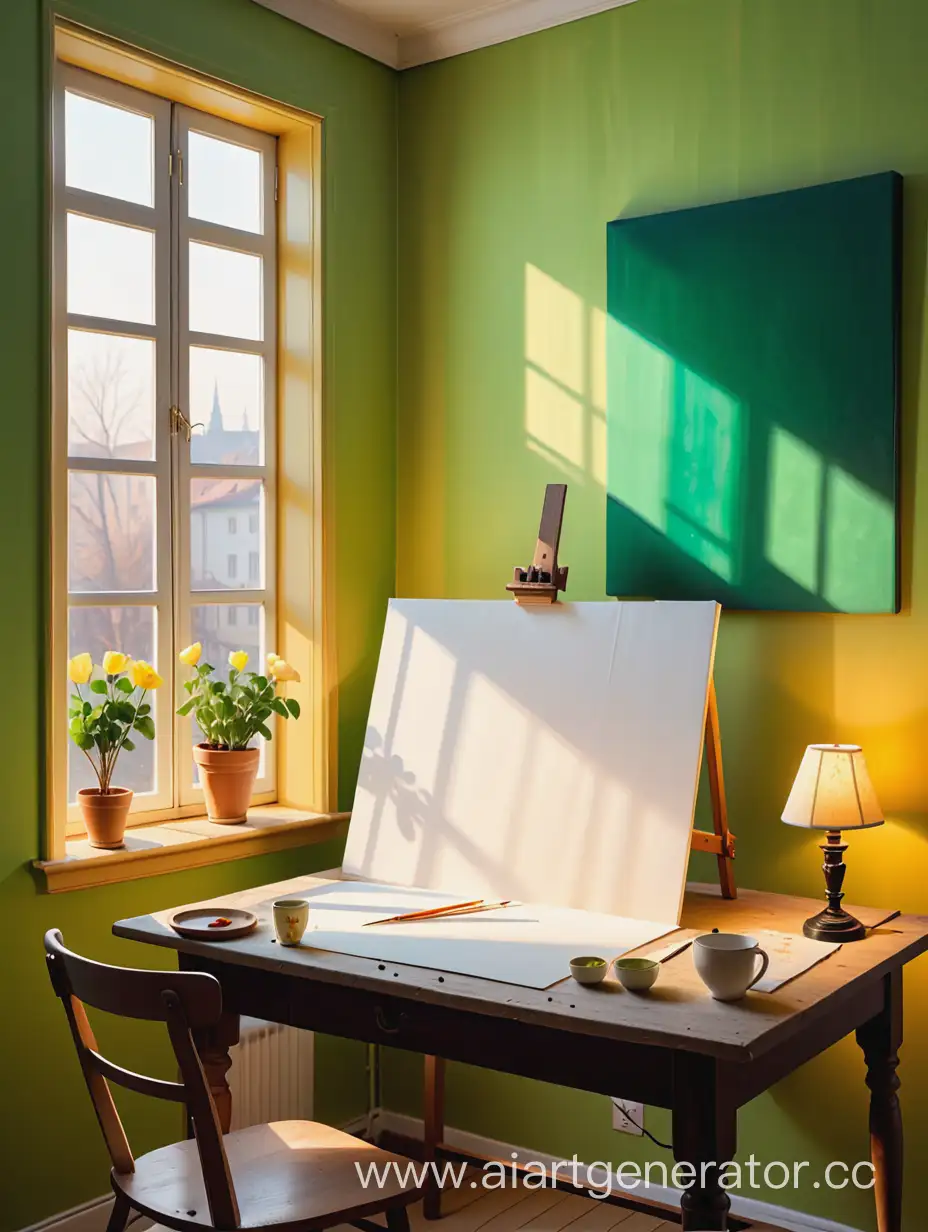 стол художника, пустой холст для рисования посередине, желтый свет из окна, лампа, зеленые обои