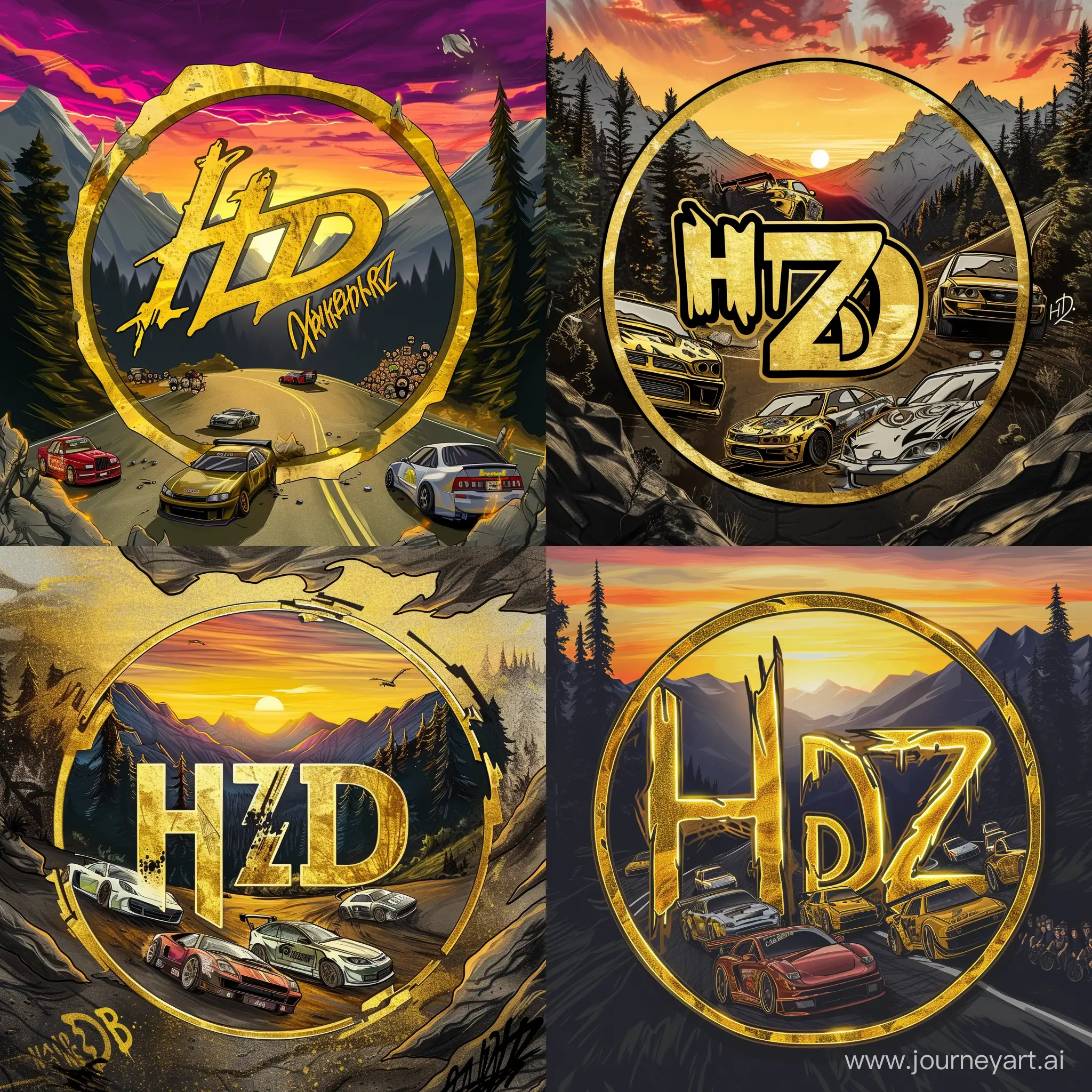 draw style car downhill race logo in circle shape, sunset, some racing cars, some viewers around road, gold color, child style look, HZD tag, graffiti font, mountains with trees with road in backround