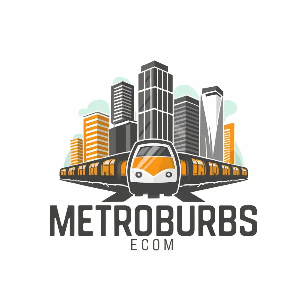 a logo design,with the text Metroburbs.com, main symbol:A train station attached to skyscrapers on a pure white background,Moderate,be used in Real Estate industry,clear background