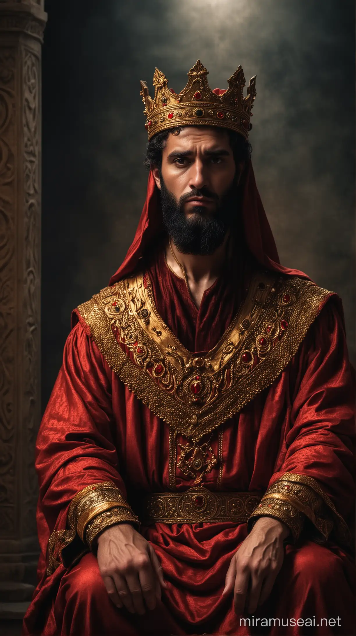 Herod the Great in Regal Red and Gold Attire Contemplating in Moody Setting