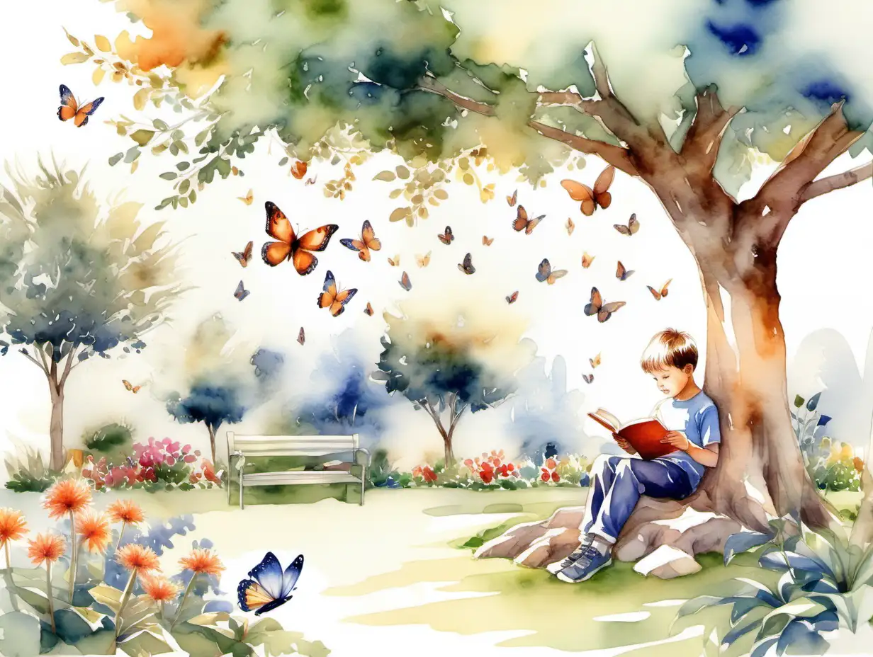 very detailed watercolor child boy reading under a tree in a beautiful garden, a butterfly, multiple children playing, watercolor style, multiple children watercolor style