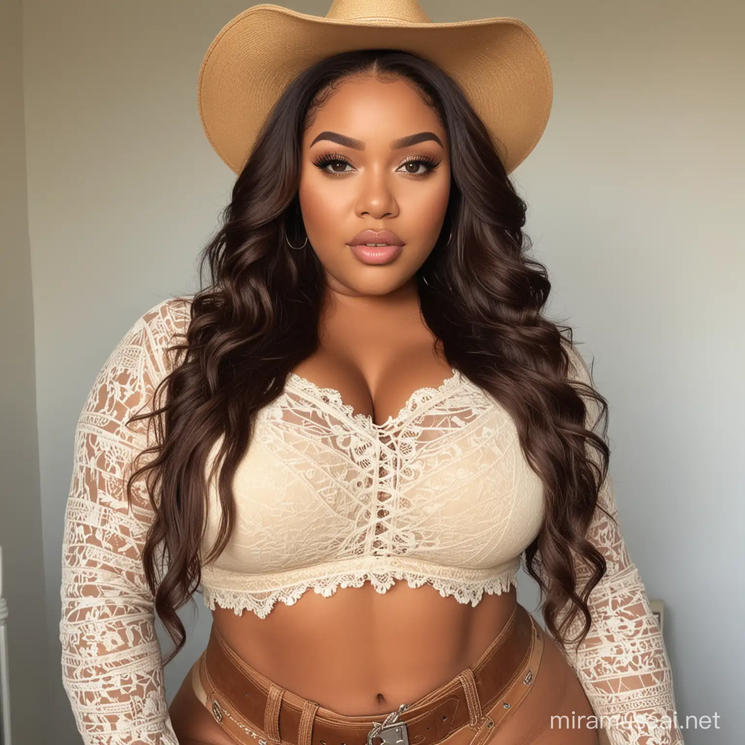 Image prompt/: generate pictures full body of a light skinned south african curvy, thick, plus size girl that looks like me, with a straight brown hd lace front weave, cowgirl outfit