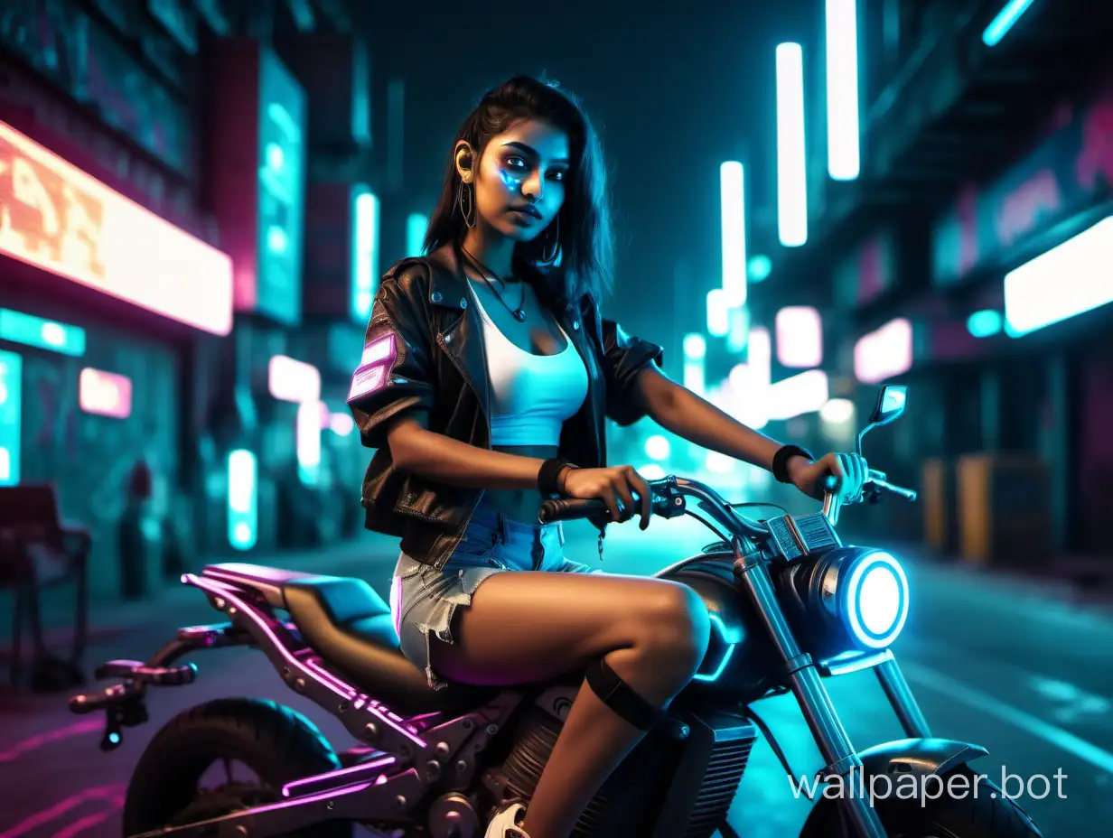 Glowing body 20 years old beautiful Indian semi-humanoid Female sitting on driving cyberbunk bike at Cyberpunk City