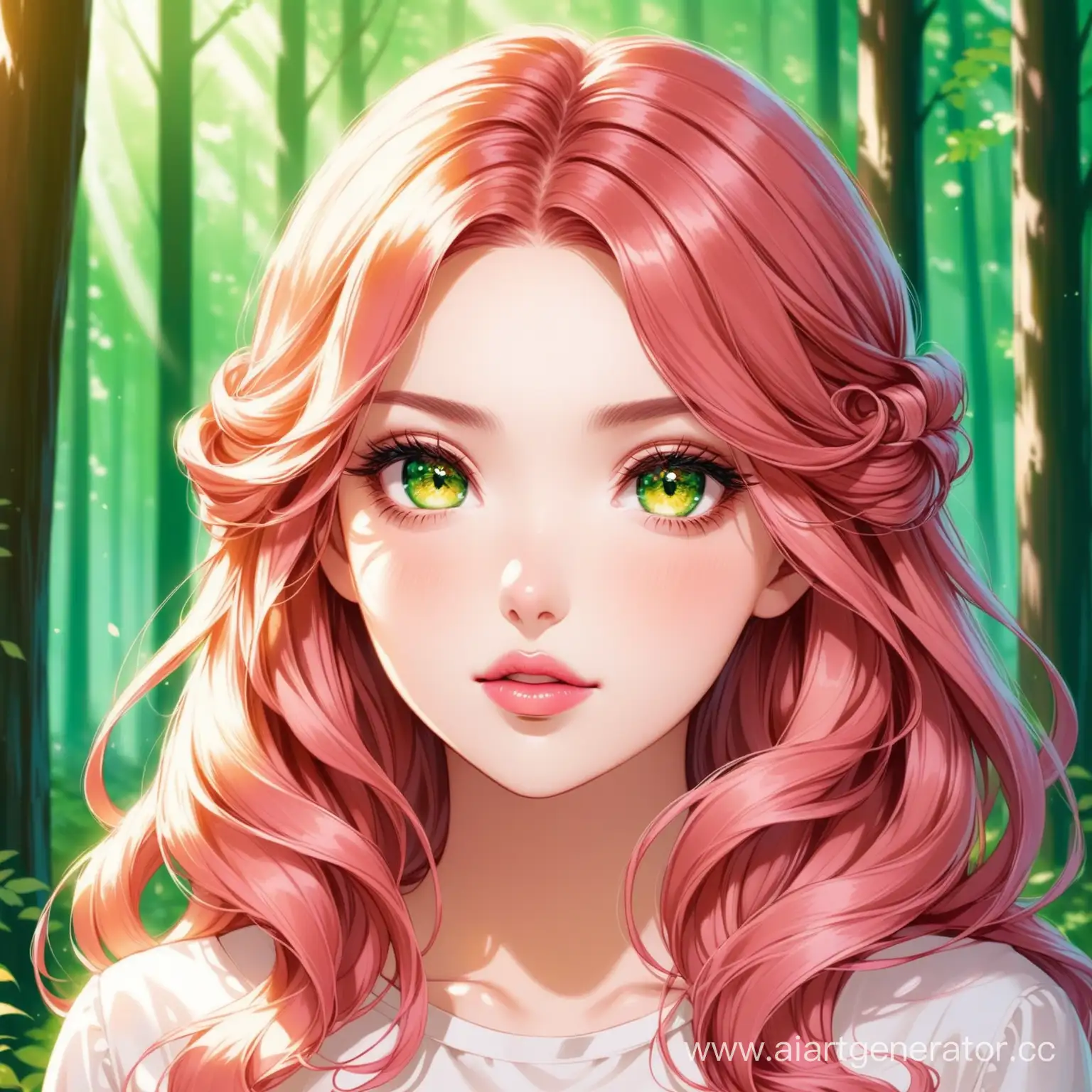 светло рыжие волосы с закрученными кончиками
янтарные глаза с оттенком зелёного
усталые глаза
розовые губы
на фоне леса