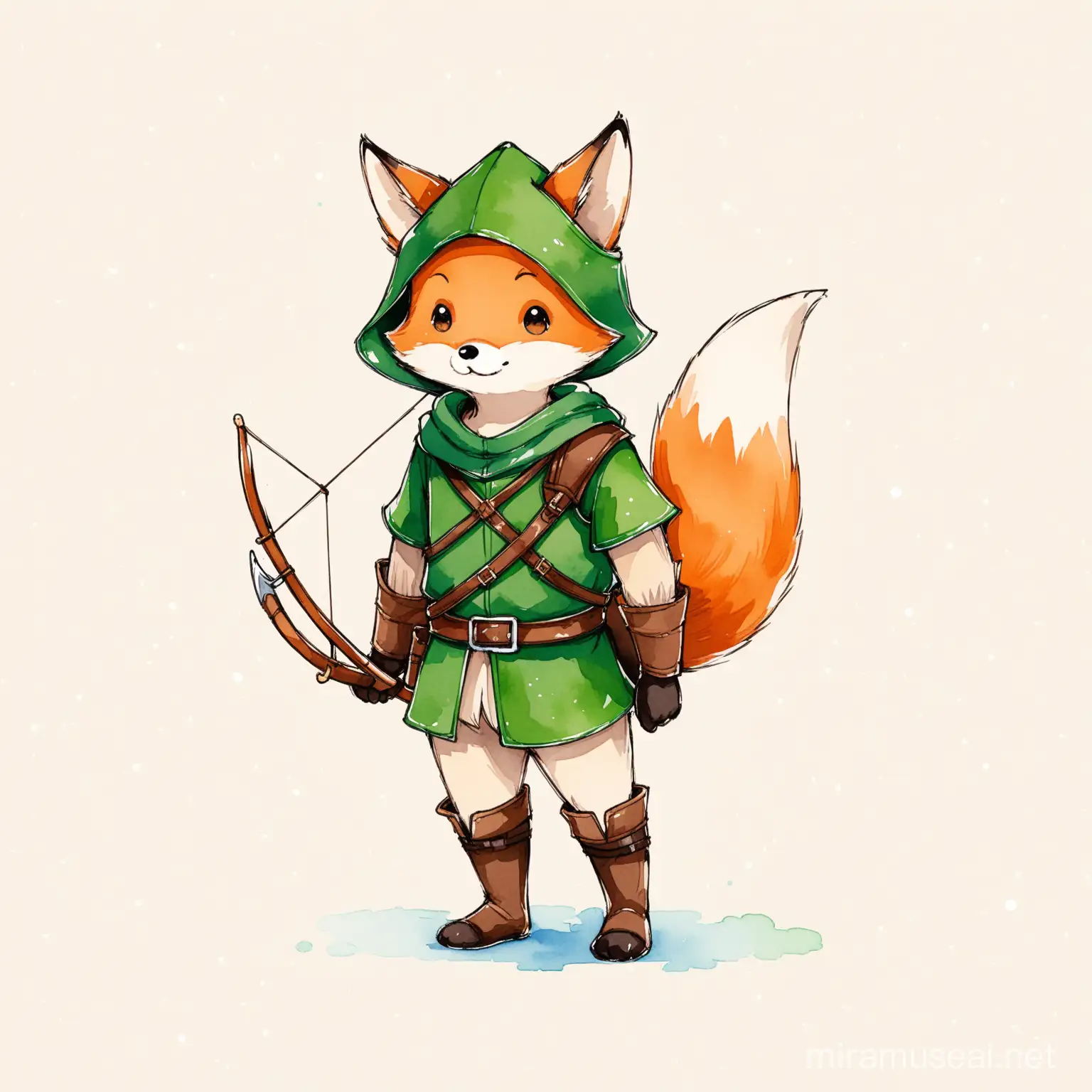 cute fox robin hood, waterpainting, minimalist, illustration