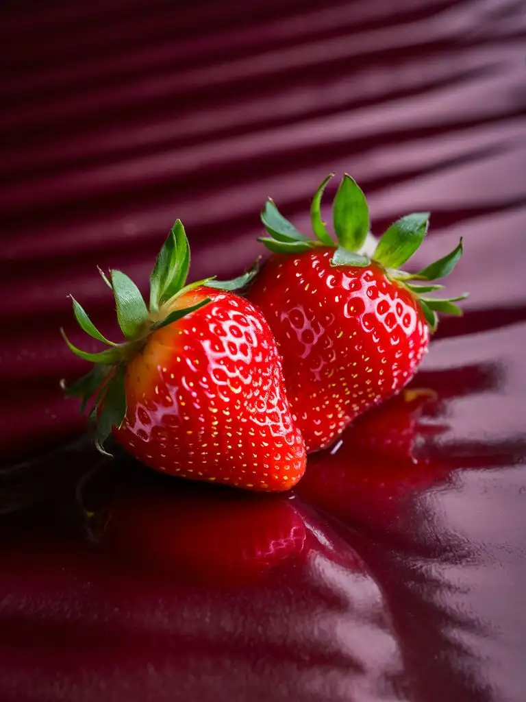 Strawberries-with-Fresh-Green-Leaves-on-a-Dark-Red-Background