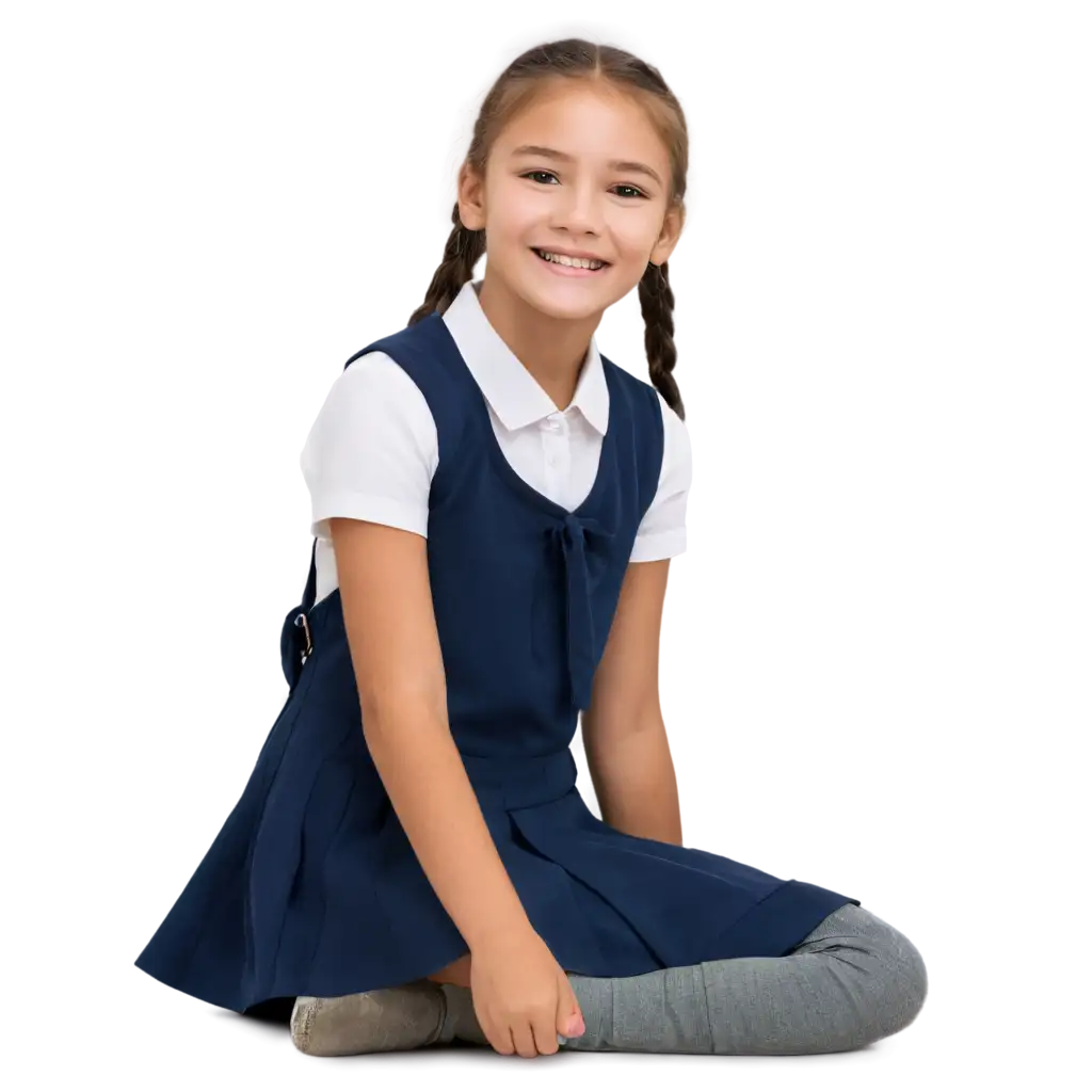 A cheerful schoolgirl is sitting on the floor