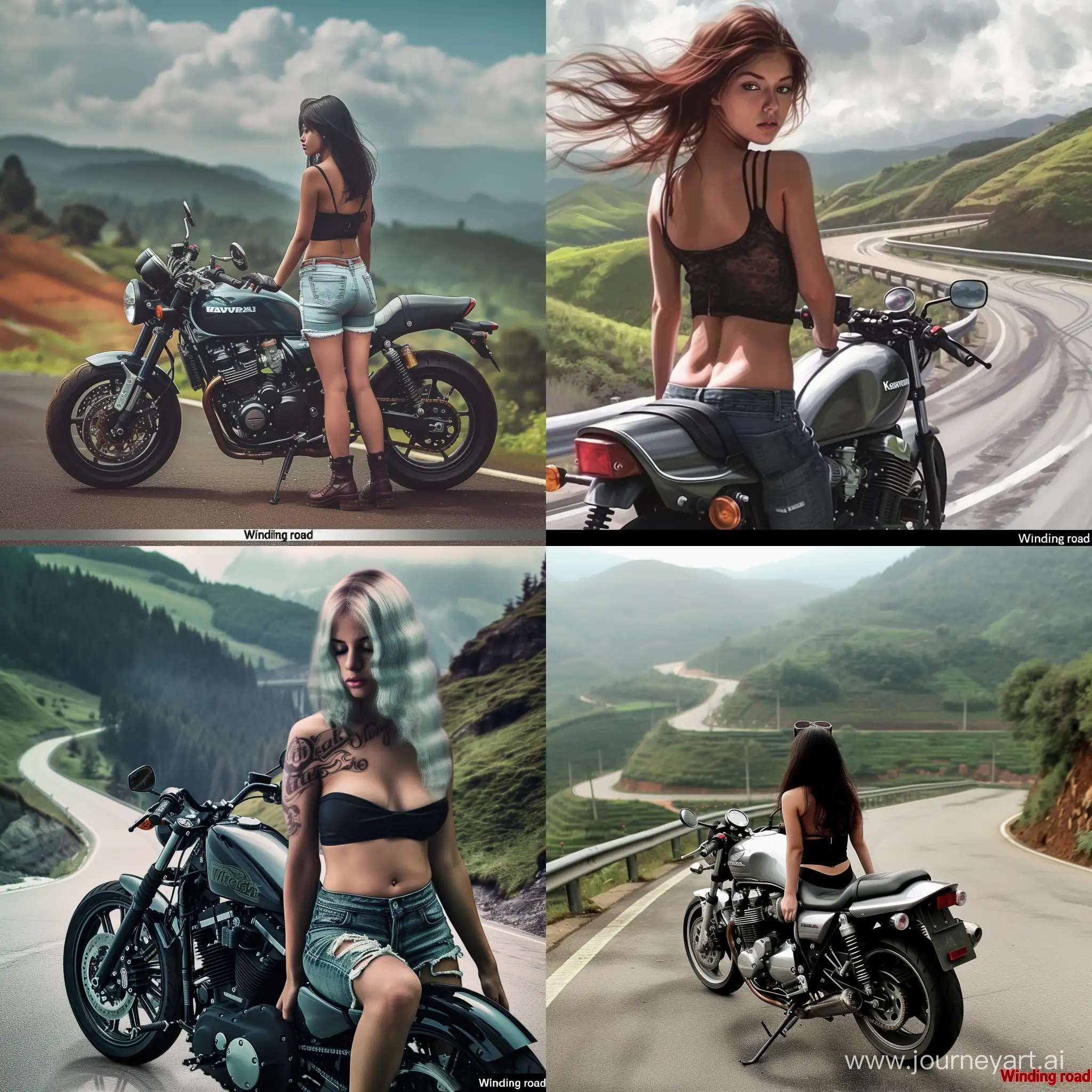(Motion effect:1.5)、（Motion blur:1.4）parchment、absurderes、Hyper-Resolution、ultra - detailed、（bokeh dof:1.8）、Accurate depiction、Beautiful depiction、down view、beuaty girl、big breasts thin waist、The roar of a motorcycle engine、
Challenging the moment of winding roads。
The wind caressed my hair、The landscape unfolds vividly
Asphalt tracks、Free invitation。

Winding road、Fluctuations in elevation differences
The rider's heart beats with adrenaline。
Go through the curve、Walk through the valley
Natural beauty、The attraction continues。

The blue of the sky、mont々Green、River flow
《Winding road》poetry。
Motorcycles and riders、Become one
Freedom and adventure、Illuminate the mind。