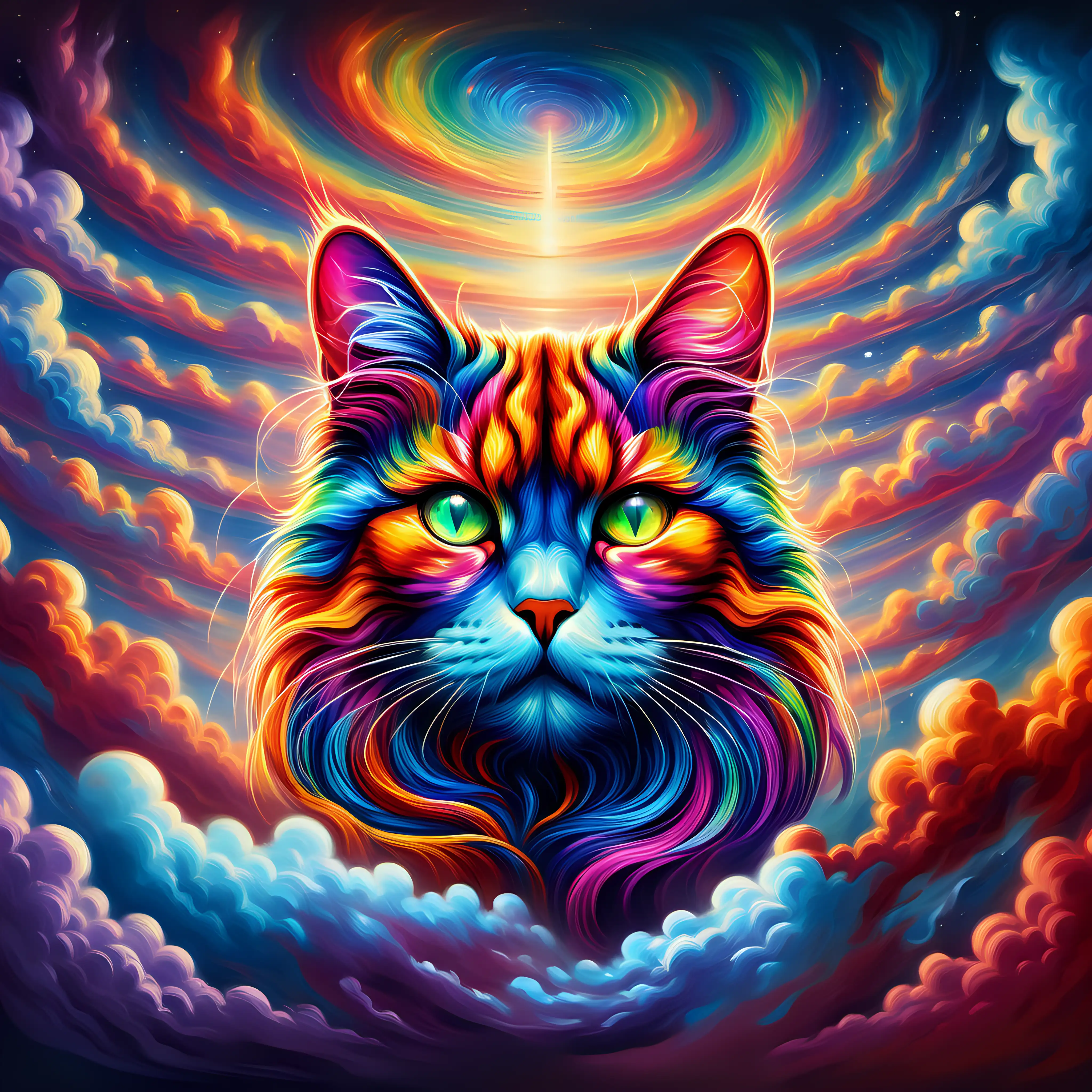 Imagine a breathtaking scene where a vibrant, multi-hued cat head emerges from a canvas of swirling, iridescent clouds. The cat head form is vividly painted with a palette of vibrant colors, emanating an aura of raw power and strength amidst the ever-shifting, kaleidoscopic clouds that surround it. Capture the essence of this majestic creature as it stands as a symbol of primal force and beauty within the mesmerizing, colorful expanse of the sky.
