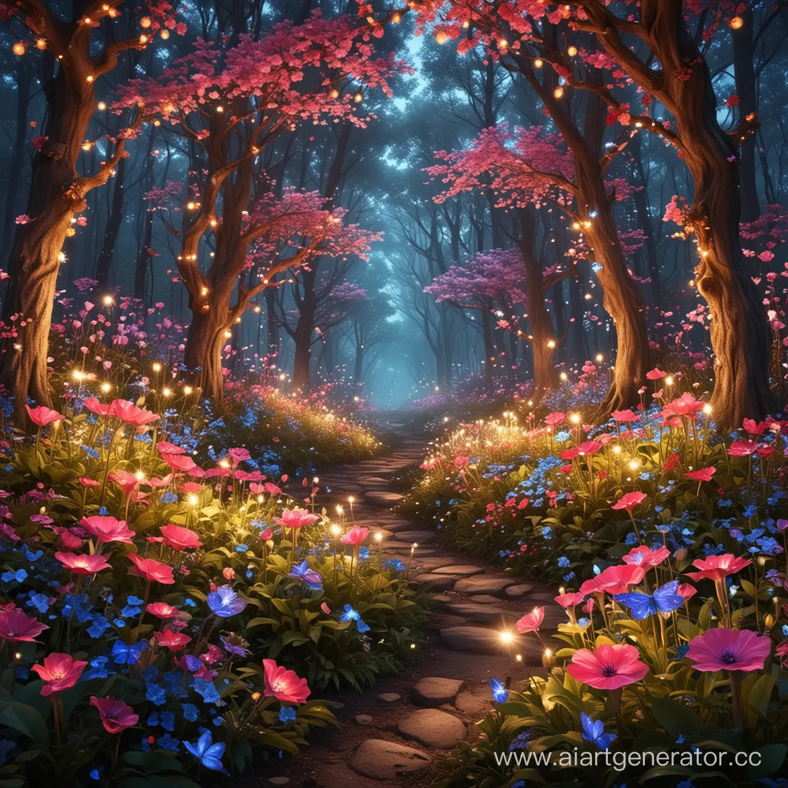 fantastic flowers bloom and glow, lights twinkle, a magical forest
