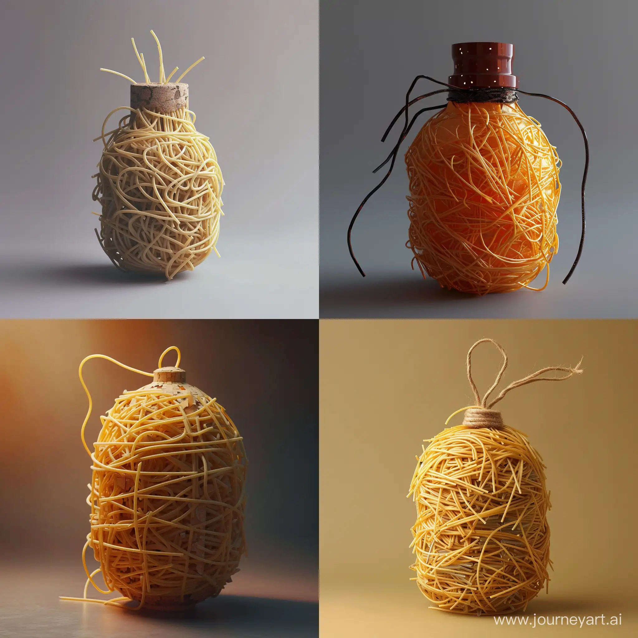 A picture of a grenade made with spaghetti.  Simple background with attractive lighting.  Super realistic image