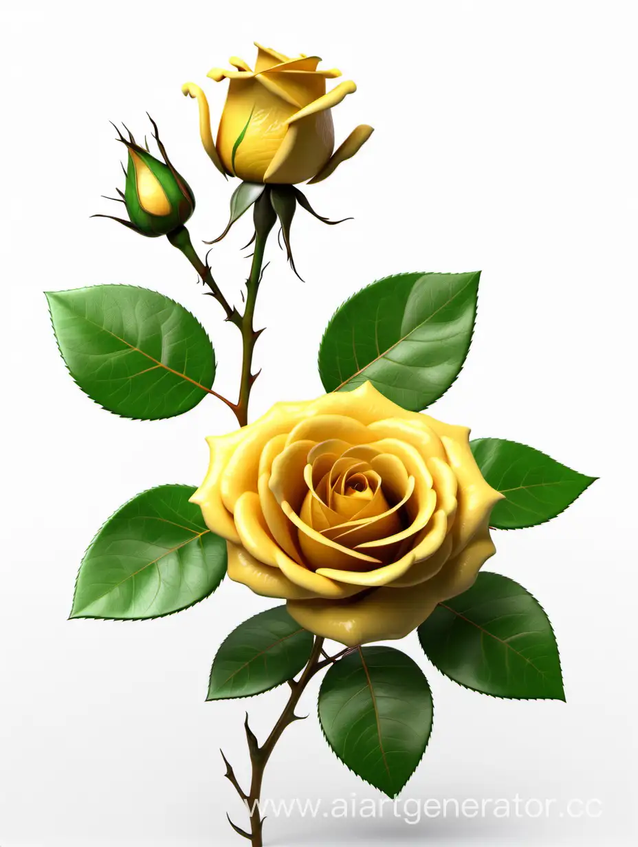 Vibrant-Dark-Yellow-Rose-in-8K-HD-with-Fresh-Lush-Green-Leaves-on-White-Background