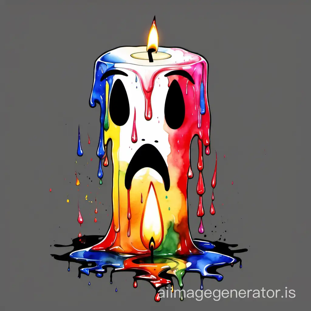 Abstract cartoon melting candle face, crying and sad, sumi-e japanese watercolor, color splash style, multicolor palette, black background 