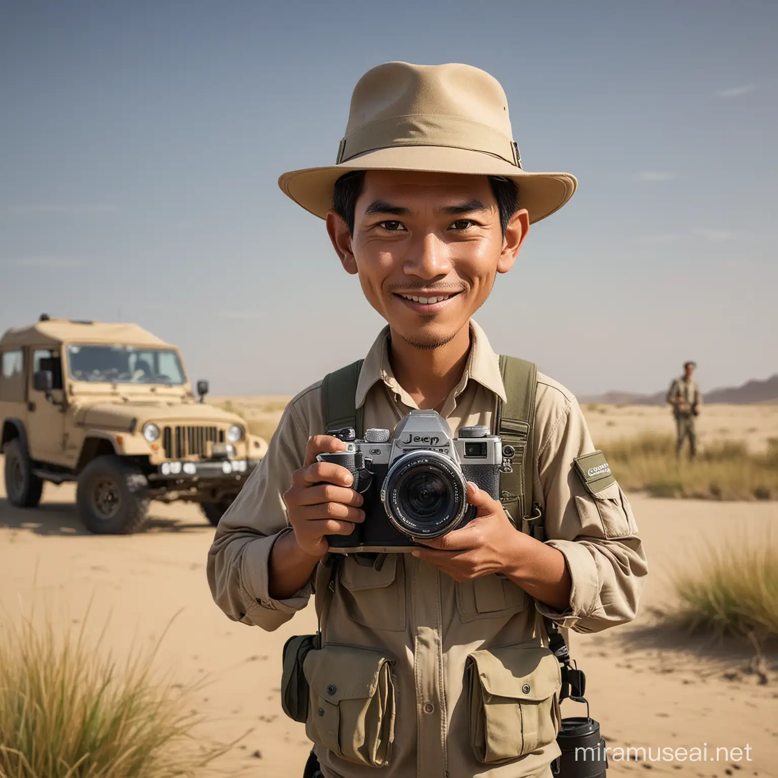 animated caricature image, an Indonesian man with a clean, handsome face holding a camera with a telephoto lens, dressed in field clothes, with a jeep in the background in a grassland and sand, photographed at a distance of 5 meters by a professional photographer