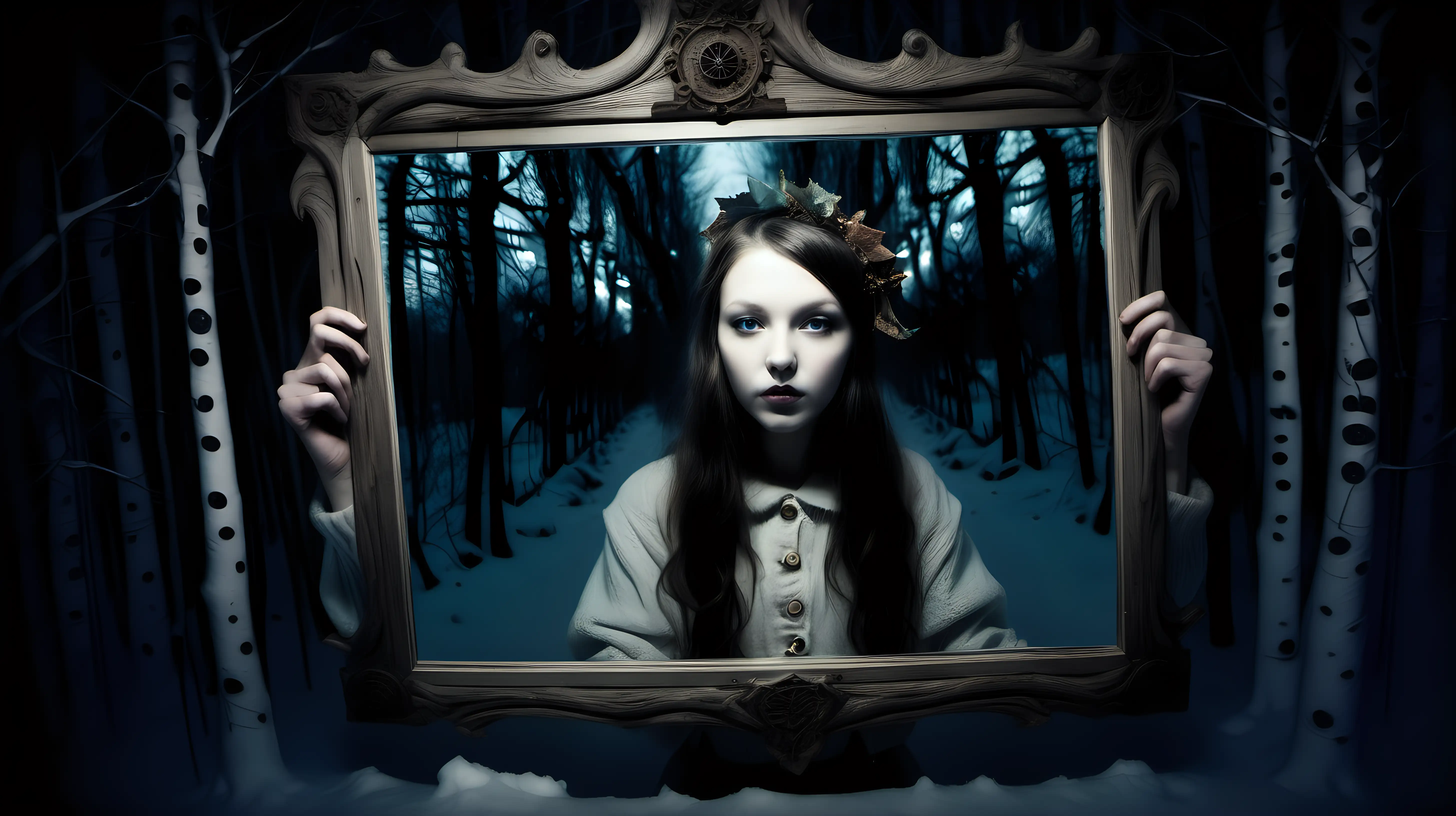 Enigmatic Girl Lost in Winter Woods with Magical Lantern Behind Mirrors