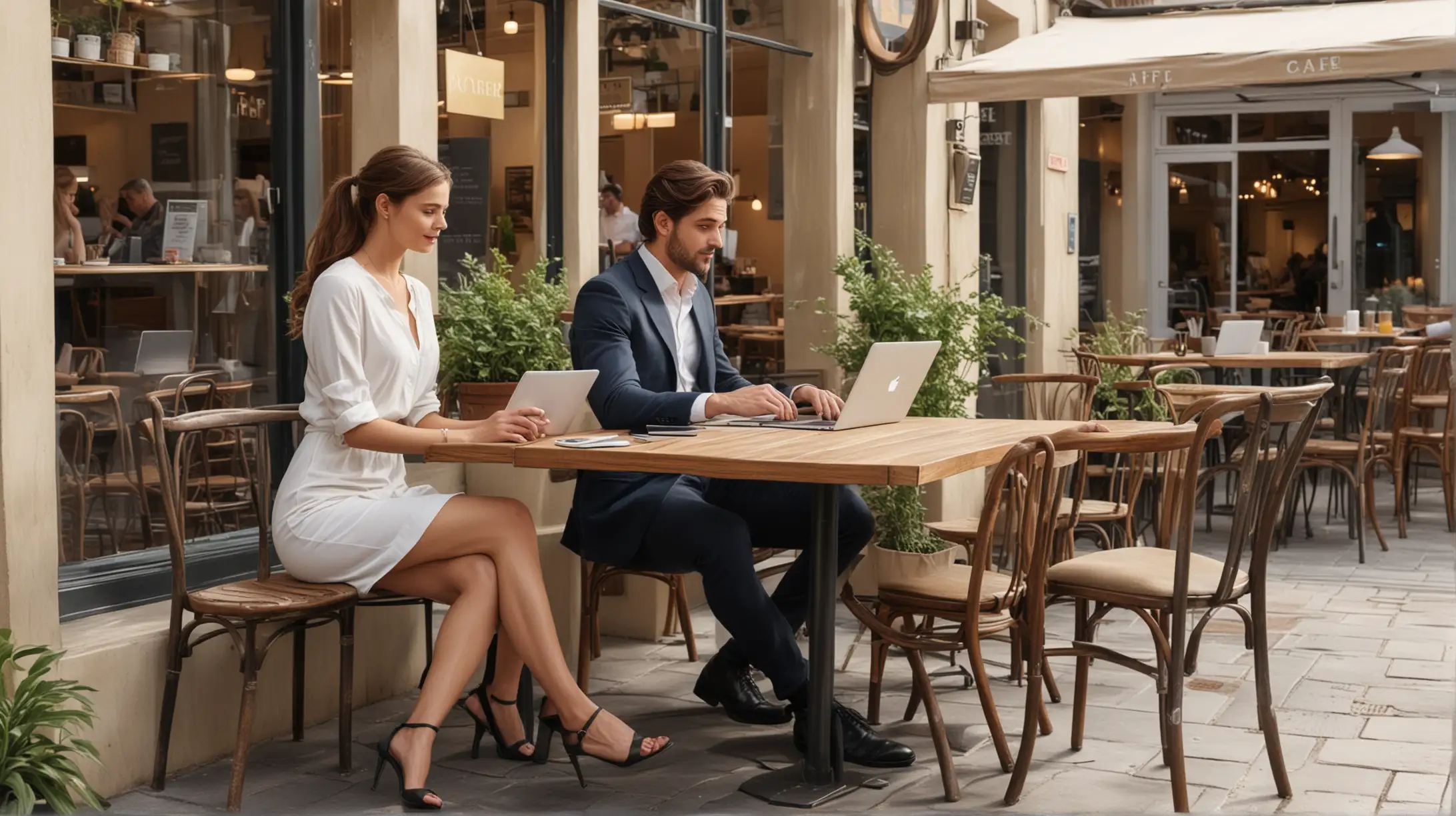 late 2023 art magazine illustration , good looking, woman and men,  realism business deal , sitting on terras, in front of cafe, look at laptop
