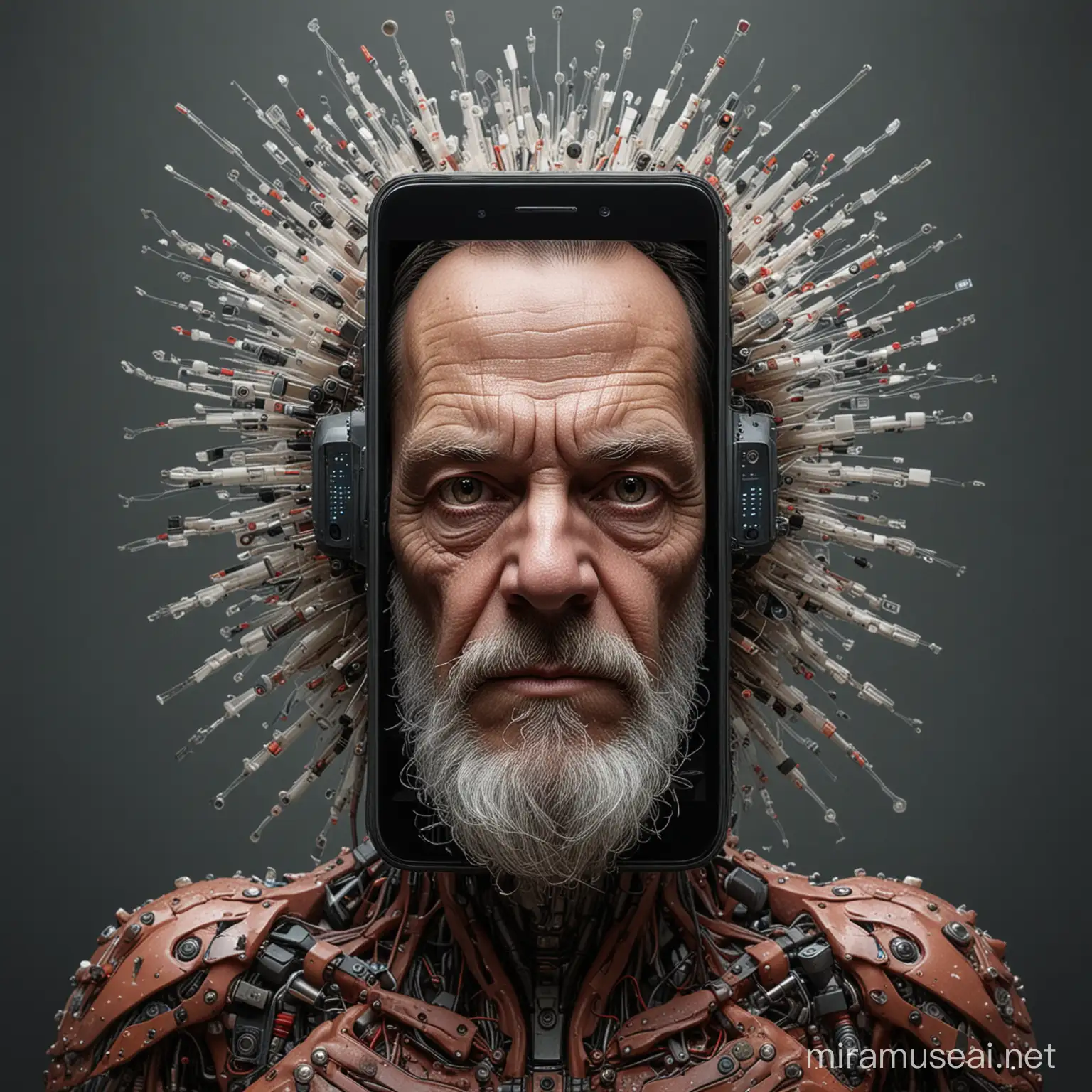 direct flash photography photo of '' A Portrait of fictional creature made of smartphones combined in unexpected ways''. Insanely detailed, Professional work. 