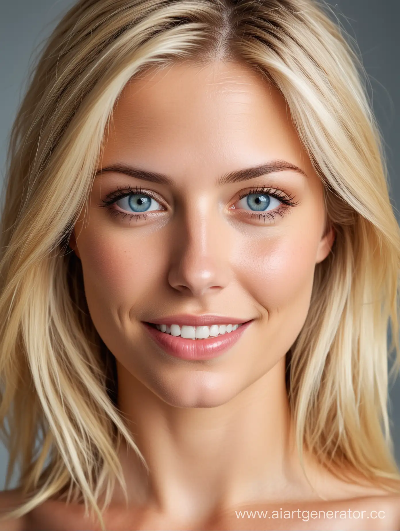 Detailed photograph of an incredibly beautiful, 30-year-old blond woman.
She looks dazzling. Straight hair, medium length, parted in the center. Naturally hanging close to her head.
Bright blue eyes. Self-confident.
Casual dressing. Bright colors.
Enchanting smile. Perfect teeth. Front view. From the Waist up. Looking at the camera, as if inviting people to join her incredible world.
Please keep the image visible from the waist up,  leaving room around her figure, at the top, and on the sides.
