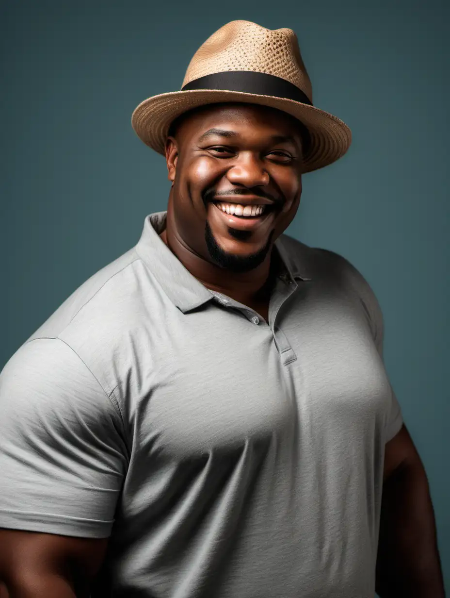 a handsome african american heavy mean with a hat on and he's smiling with a casual outfit on