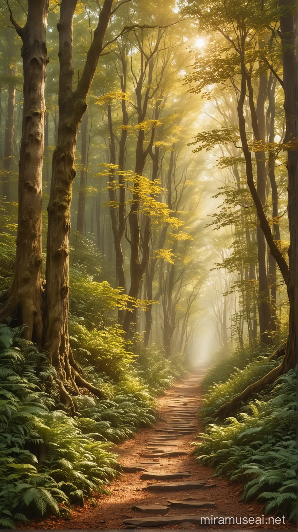 Picture a captivating wall art image that transports the viewer to an enchanted forest. The pathway is lined with ancient, towering trees whose leaves filter the sunlight into a warm, dappled pattern on the forest floor. A light mist swirls around the roots, adding a mystical quality to the scene. The color palette is rich with greens, browns, and golden hues, evoking a sense of tranquility and awe. This piece would bring a touch of nature's magic into any room