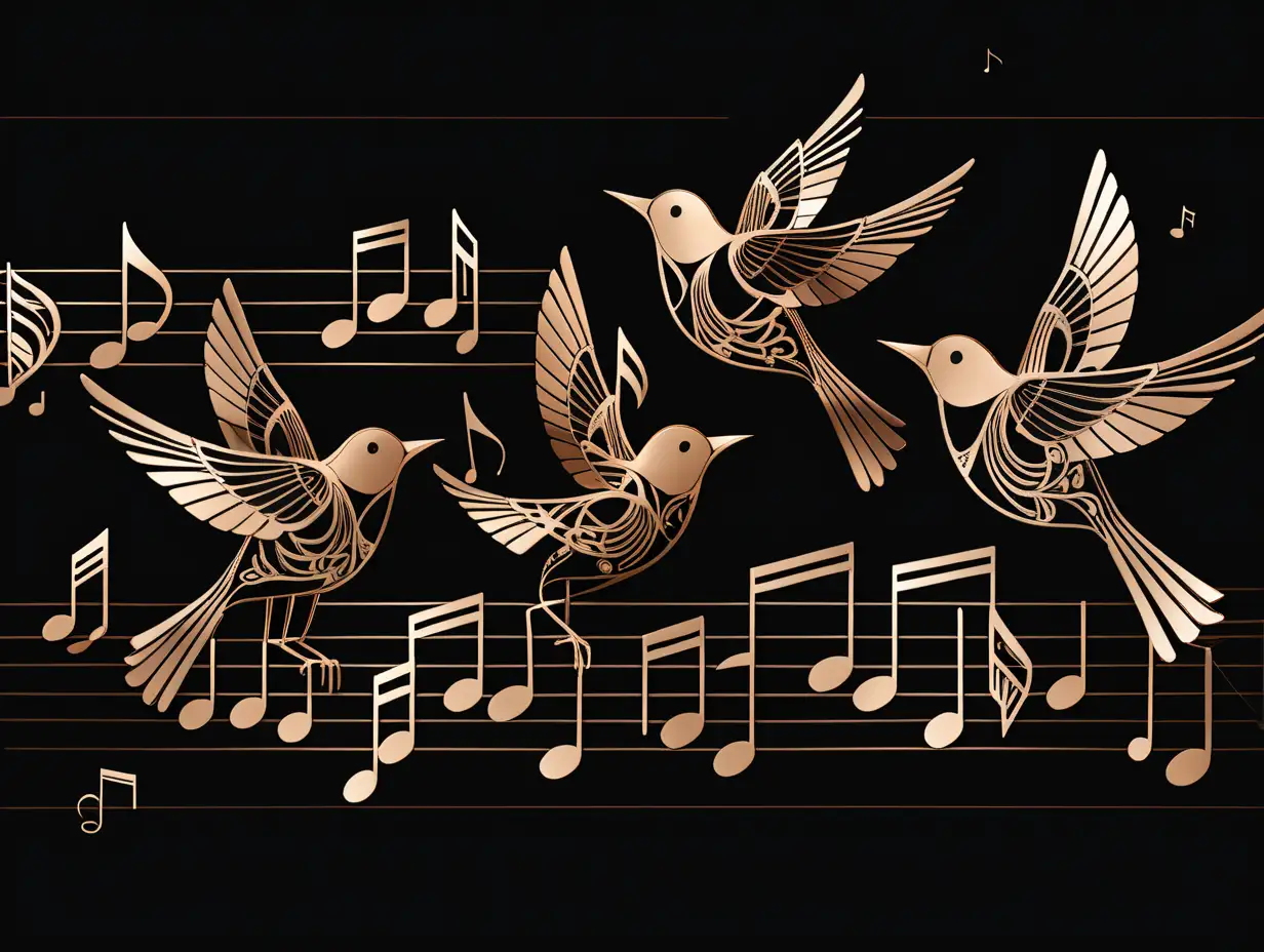 Bronze Geometric Birds Flying with Music Notes on Black Background