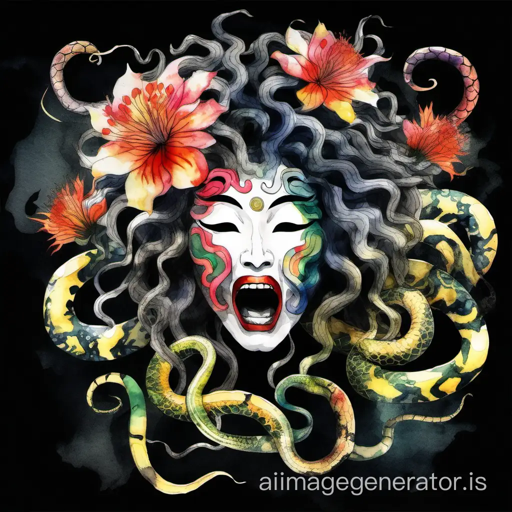 Abstract screaming and crying mythological Medusa mask with snakes and blossom hair, sumi-e Japanese watercolor, color splash style, multicolor palette, black background