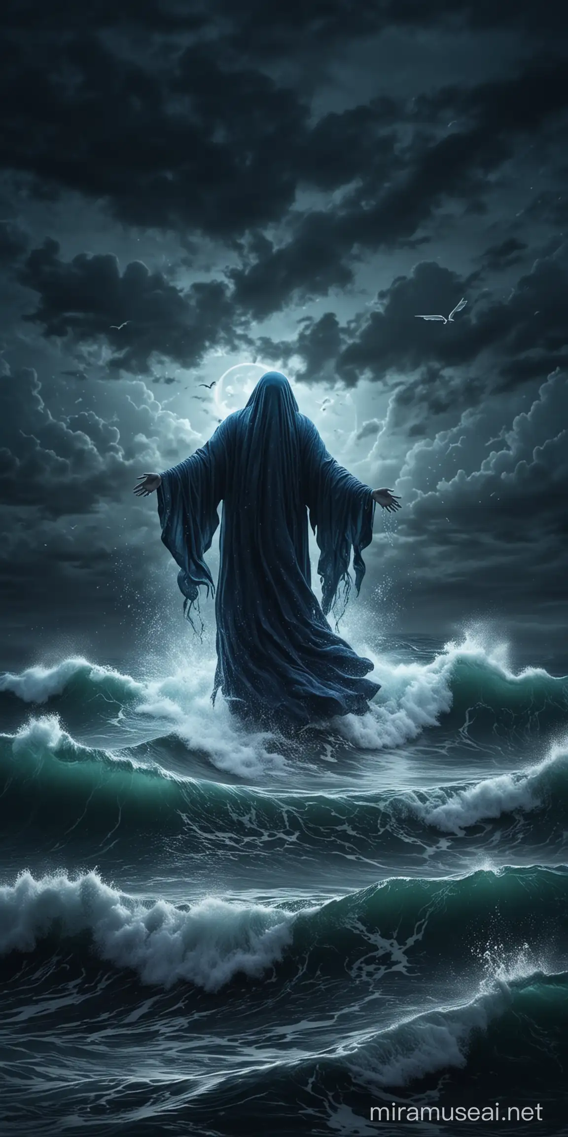 Містичний привид летить над темним синім штормовим морем в ночі