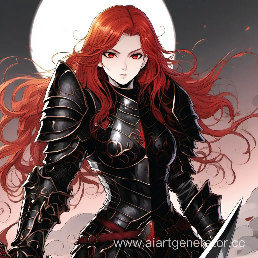 Девушка с красными немного волнистыми волосами, с красными глазами, в чёрных доспехах и с большим чёрным мечом