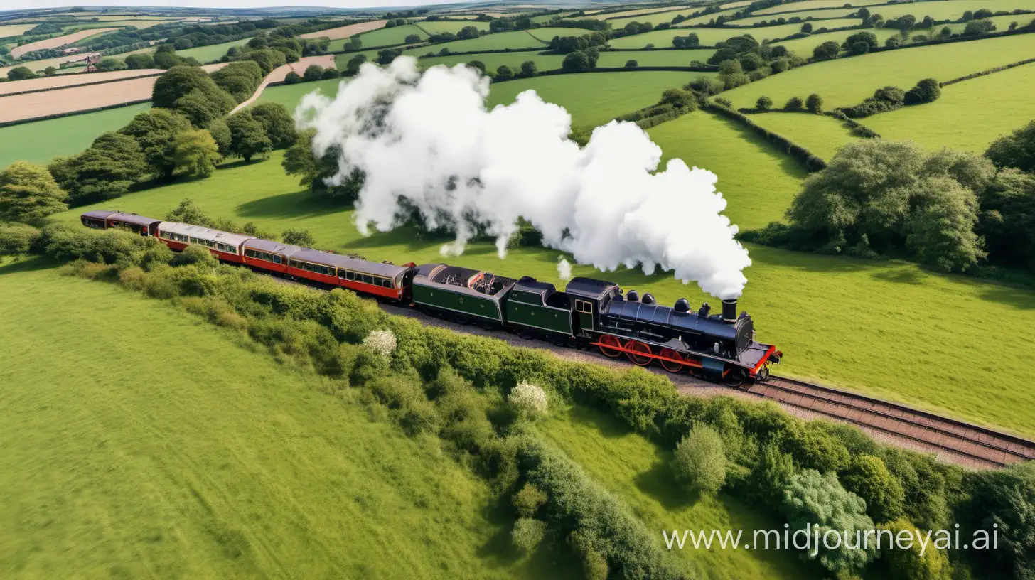 British countryside with old steam locomotive coming across. Arial view
