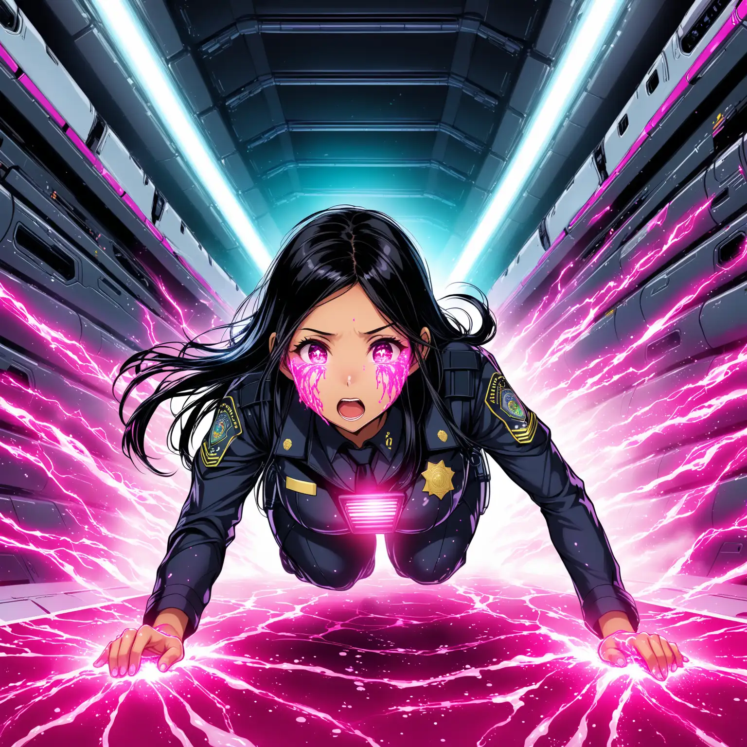 beautiful skinny indonesian police woman crawling, huge breasts, long pinkblack hair, astonished, crawling in spaceship hall, hands smudging  pink goo on face, energetic surge transforming clothes, glowing energy, electronic texture, nanobots