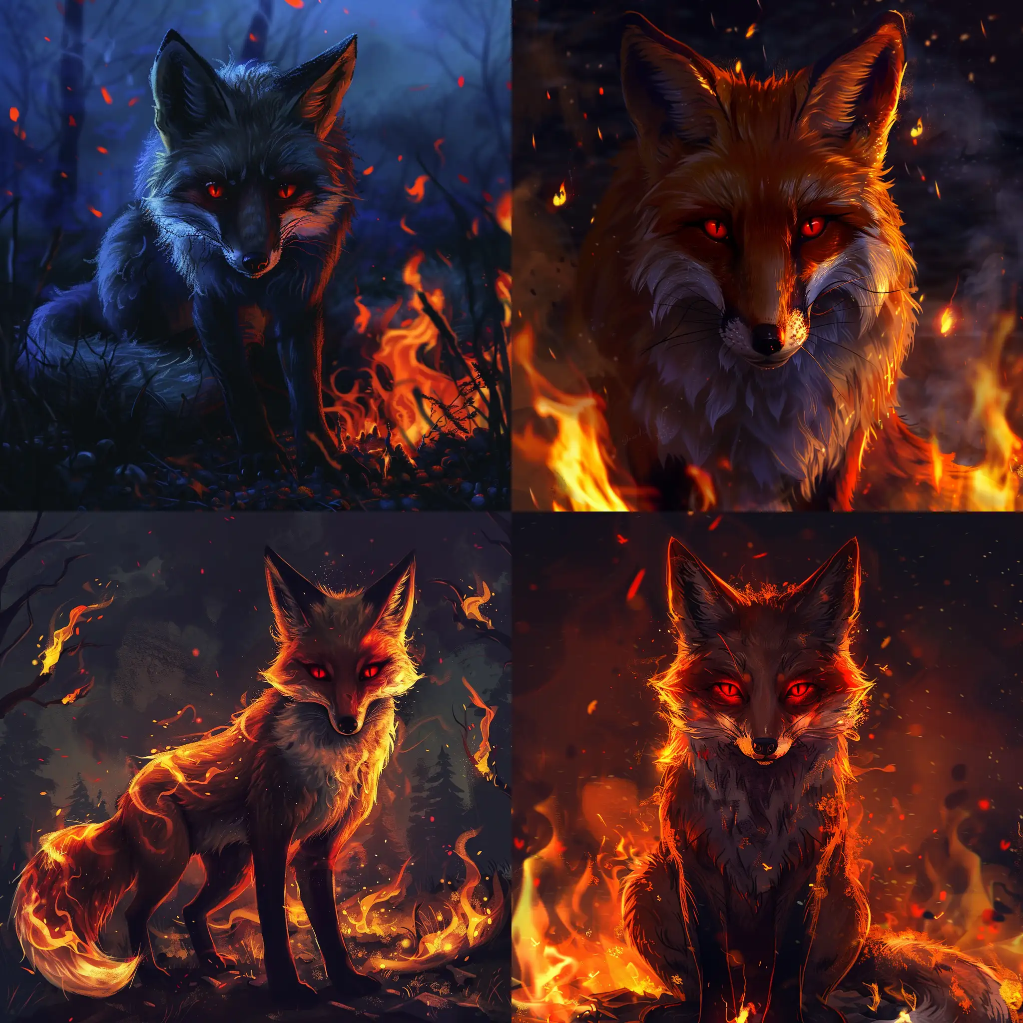 Fire elemental Fox, flames in the background, night, red eyes, 9 tails