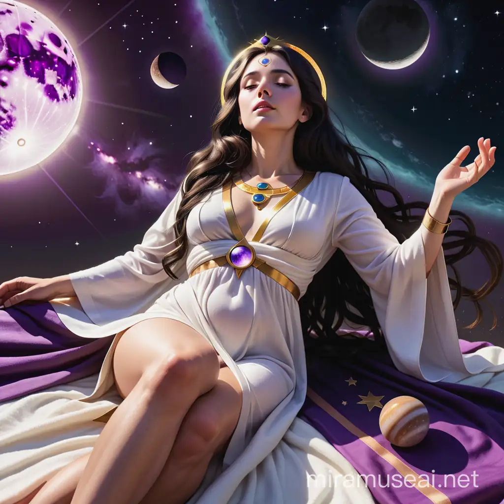 a divine high priestess with dark hair and dressed in robes of white light is lying down under under a galactic sky. In the  sky you can see a solar eclipse, a planetary conjunction of golden Uranus and purple Jupiter and a bright full moon. You can see that she is very tired from all the intense planetary energies. Jupiter and Uranus are shown with its planetary symbols


