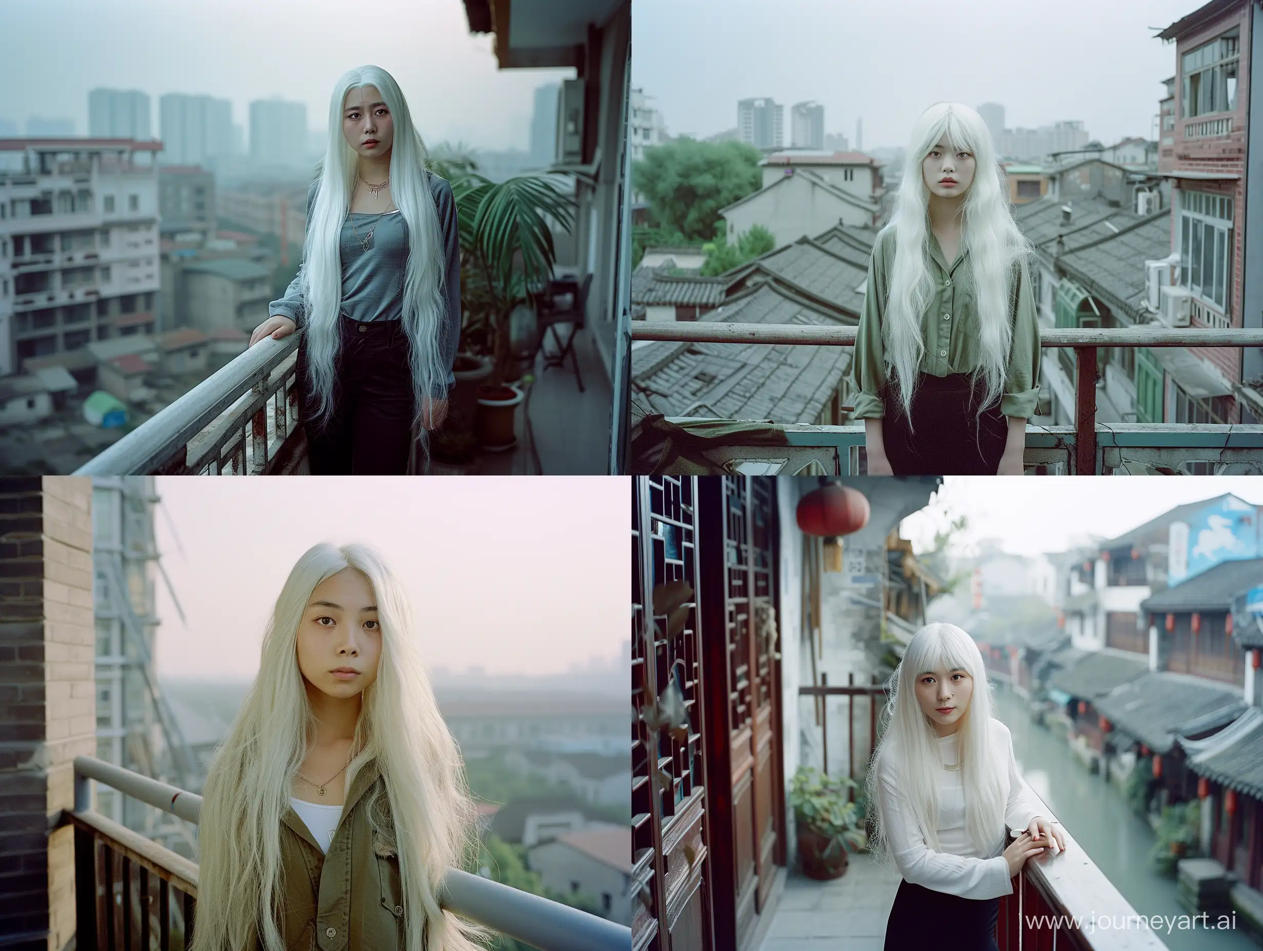 A cinematic photo of a sci fi 21-year-old Chinese woman standing on a balcony, 4k, photograph, documentary photograph captured with Kodak Gold 200 film, showcasing environment. photo, award winning, looking at the viewer, long hair white hair, fitted clothing, suzhou city