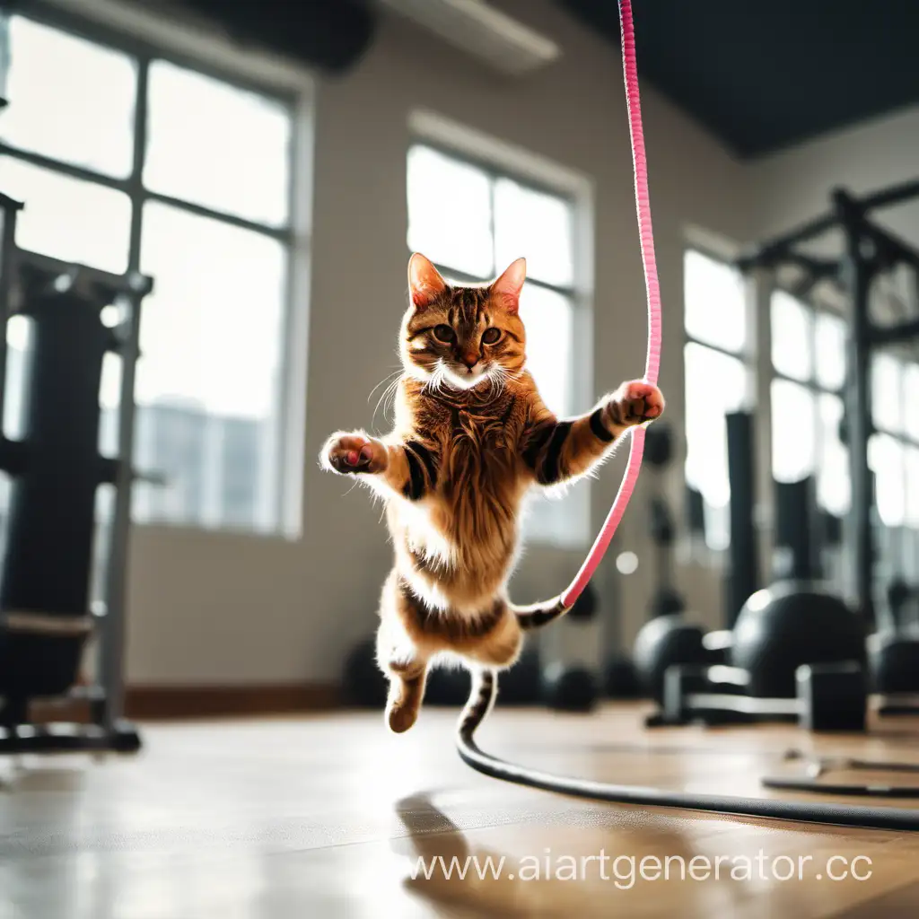 A cat in the gym is jumping rope